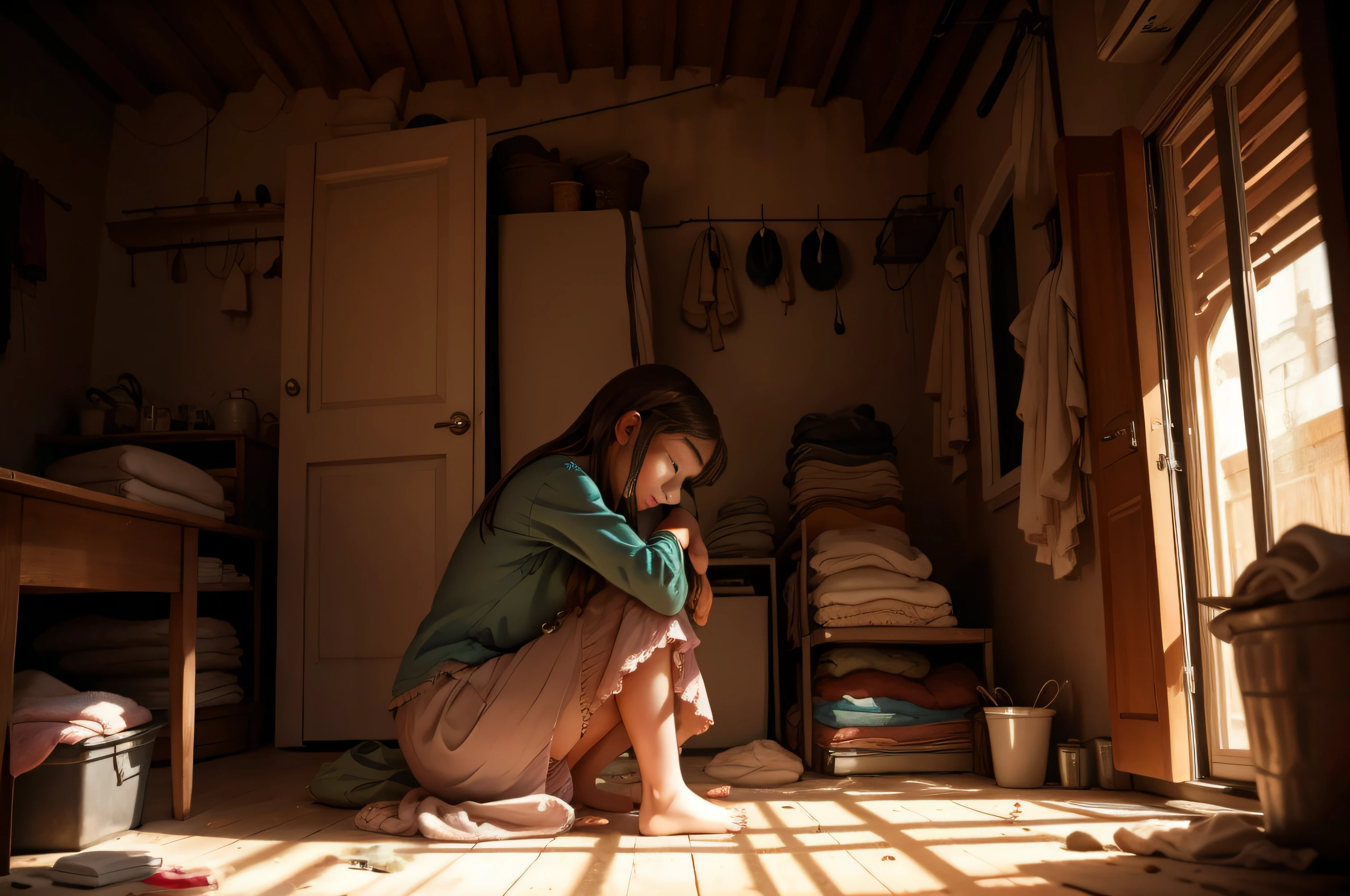 Poor girl in her home