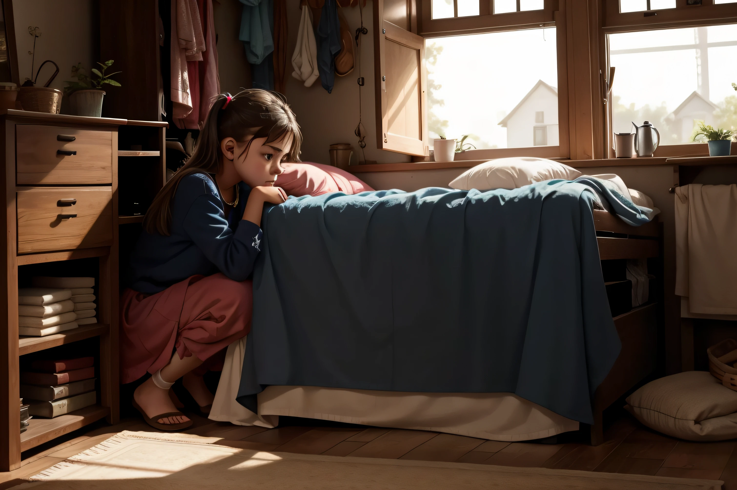 Poor girl in her home