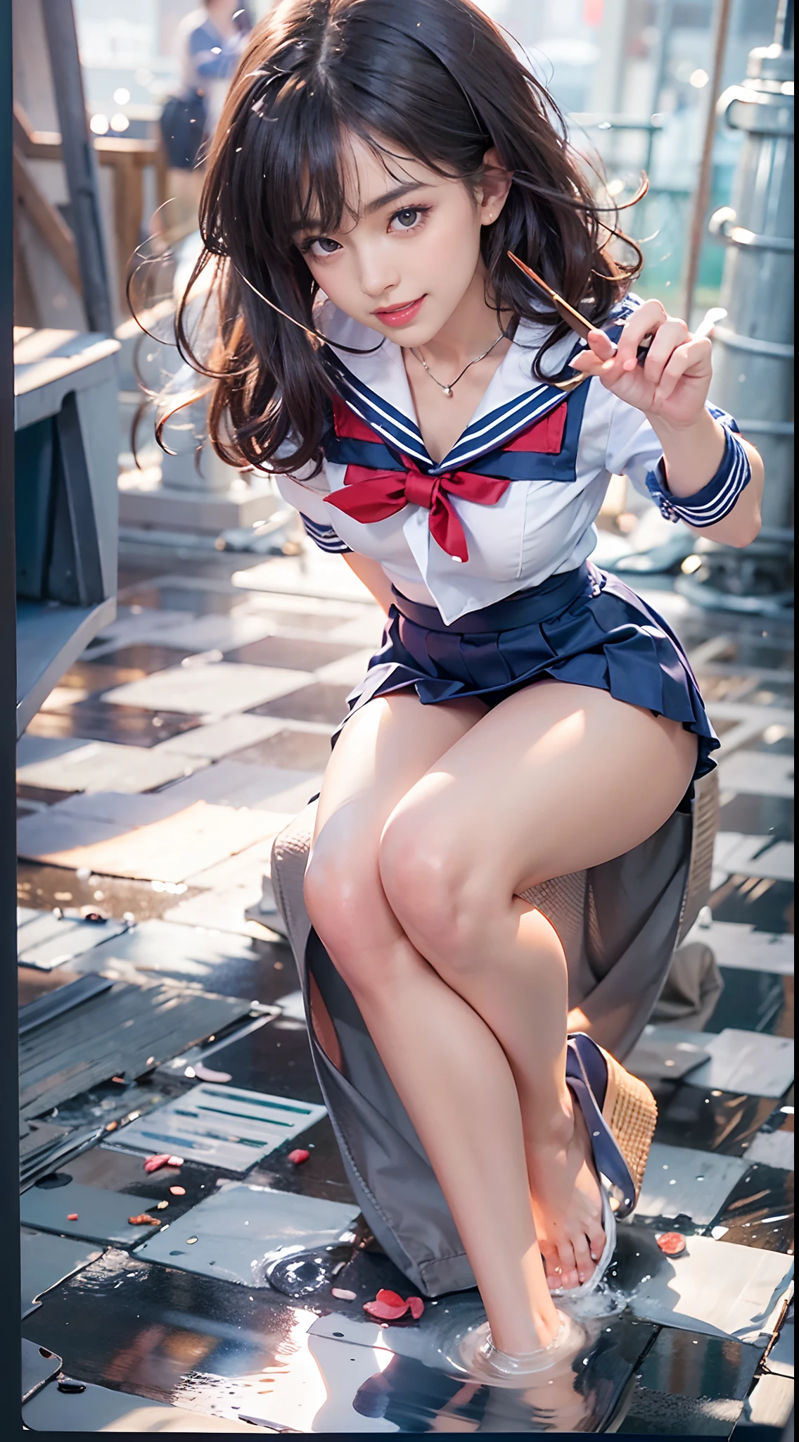 (NSFW), 1womanl, 24 year old, (Well-formed face), (Ideal ratio body proportions), facing back, Point your butt at the camera, emphasis on the buttocks, school classrooms, ((a sailor suit)), Ultra mini skirt, panties focus, ((Skirt flipping in strong wind)), (The upper body is tightly dressed), long , Wet, Smiling smile, de pele branca, A slender, Dark hair, short-hair, Skinny Legs, beauty legs, Small buttocks, Skinny Legs, surrealism, Cinematic lighting, depth of fields, One-person viewpoint, F/1.8, 135 mm, canon, nffsw, masutepiece, ccurate, Anatomically correct, Textured skin, Super Detail, high details, High quality, awardwinning, Best Quality, hight resolution, 8K