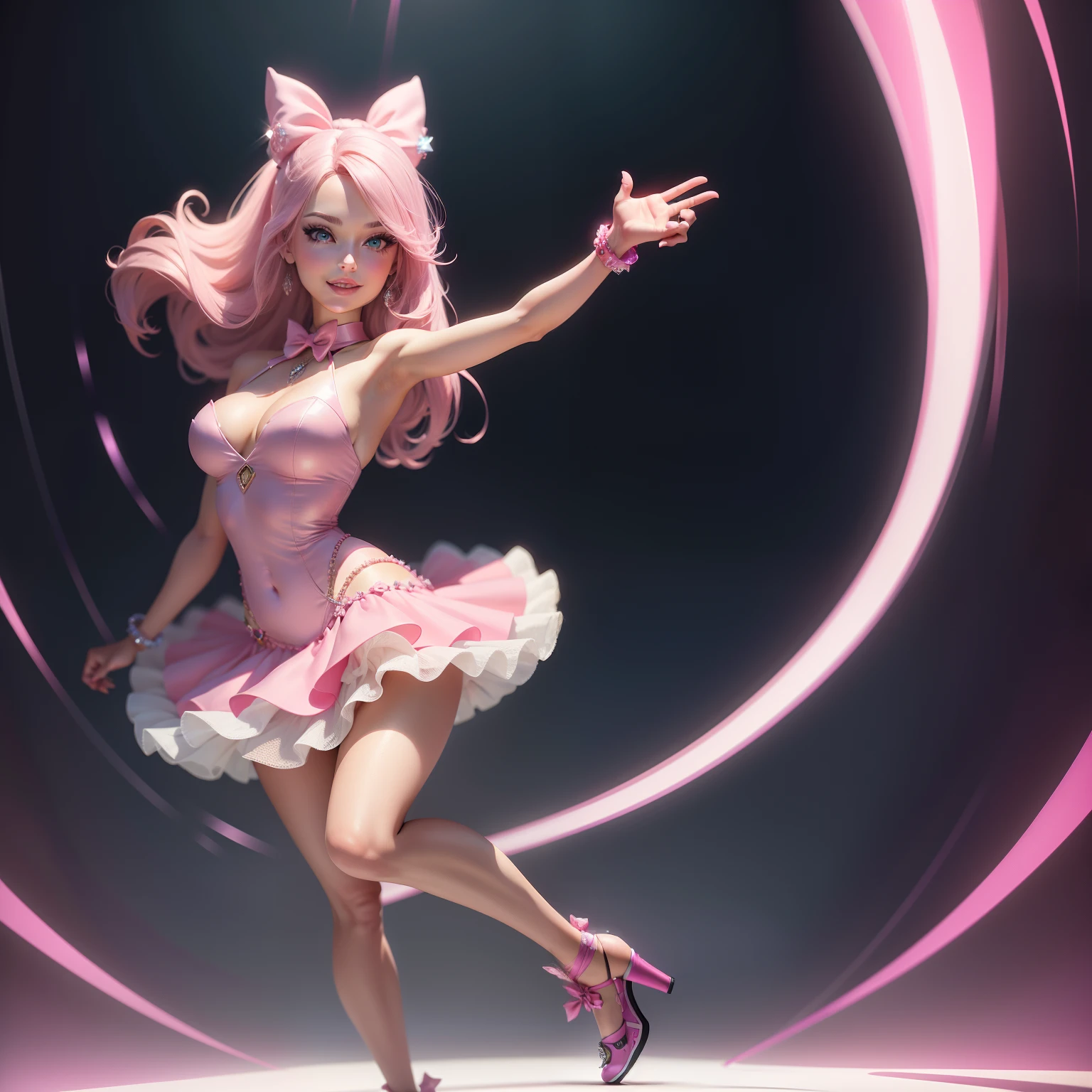 Barbie, ((Full body)), Blue eyes, Smiling face, Hair loss swaying in the wind, Hip Hop Singer Pose, Dressed in hip-hop style, Wearing a pink dress that reflects light,swarovski,pasties,With a pink bow on the arm, Fashion, Extremely high quality, high details, 8K, clean back ground, in studio, ((Full body shot)),Fingers are realistic,Accurate Hand Modeling,
