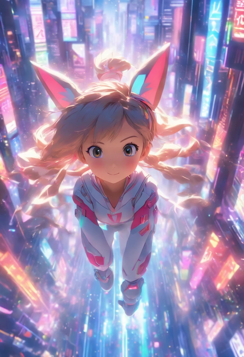 "Create a semi-realistic 3D scene featuring an adorable young girl with pointed ears, a slender body, and a slightly tall stature, placed within a futuristic cityscape during a festive occasion. The scene should capture the charm and innocence of the girl as she navigates the vibrant, futuristic city filled with festivities. Emphasize the contrast between her youthful appearance and the advanced, bustling environment around her, where holographic displays, futuristic architecture, and a joyful atmosphere set the stage for this heartwarming moment."