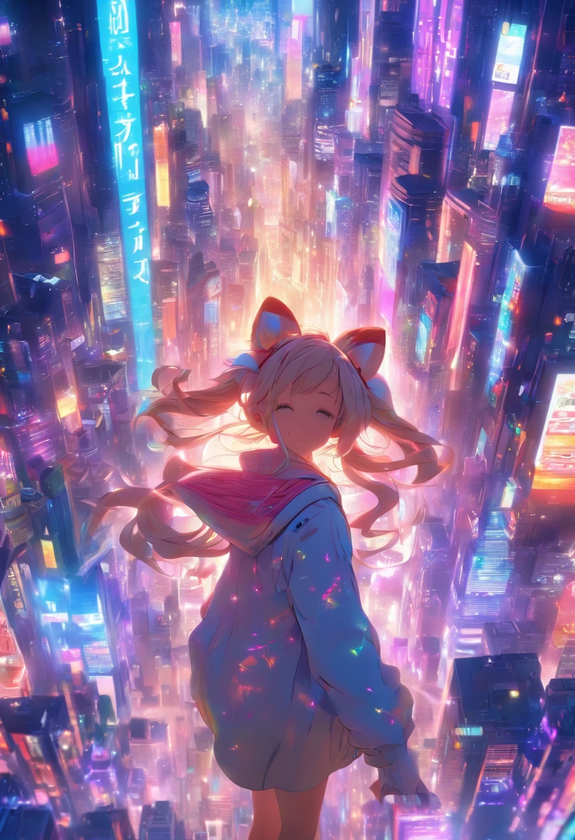 "Create a semi-realistic 3D scene featuring an adorable young girl with pointed ears, a slender body, and a slightly tall stature, placed within a futuristic cityscape during a festive occasion. The scene should capture the charm and innocence of the girl as she navigates the vibrant, futuristic city filled with festivities. Emphasize the contrast between her youthful appearance and the advanced, bustling environment around her, where holographic displays, futuristic architecture, and a joyful atmosphere set the stage for this heartwarming moment."