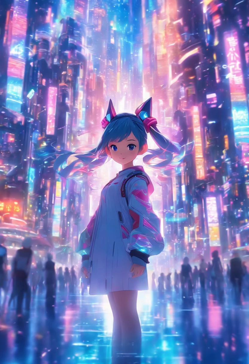 "Create a semi-realistic 3D scene featuring an adorable young girl with pointed ears, a slender body, and a slightly tall stature, placed within a futuristic cityscape during a festive occasion. The scene should capture the charm and innocence of the girl as she navigates the vibrant, futuristic city filled with festivities. Emphasize the contrast between her youthful appearance and the advanced, bustling environment around her, where holographic displays, futuristic architecture, and a joyful atmosphere set the stage for this heartwarming moment."