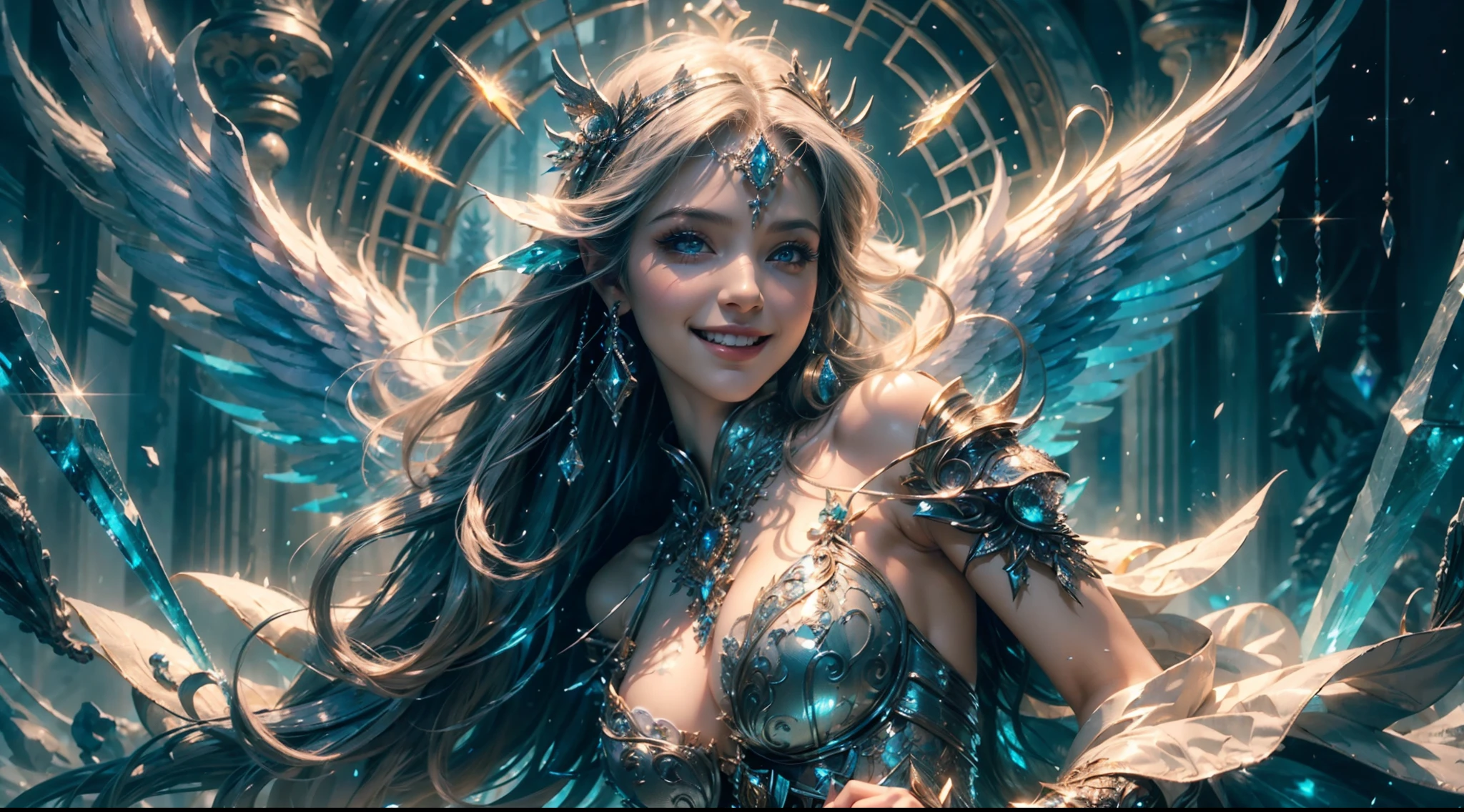 (Smile:1.3), Female angel, Angel wings, Large breasts，Complex surface details, Crystalcore, Bejeweled, Delicate close-up dress, Highly detailed fantasy characters, Amazing community, intricately ornamented, detailed fantasy digital art,