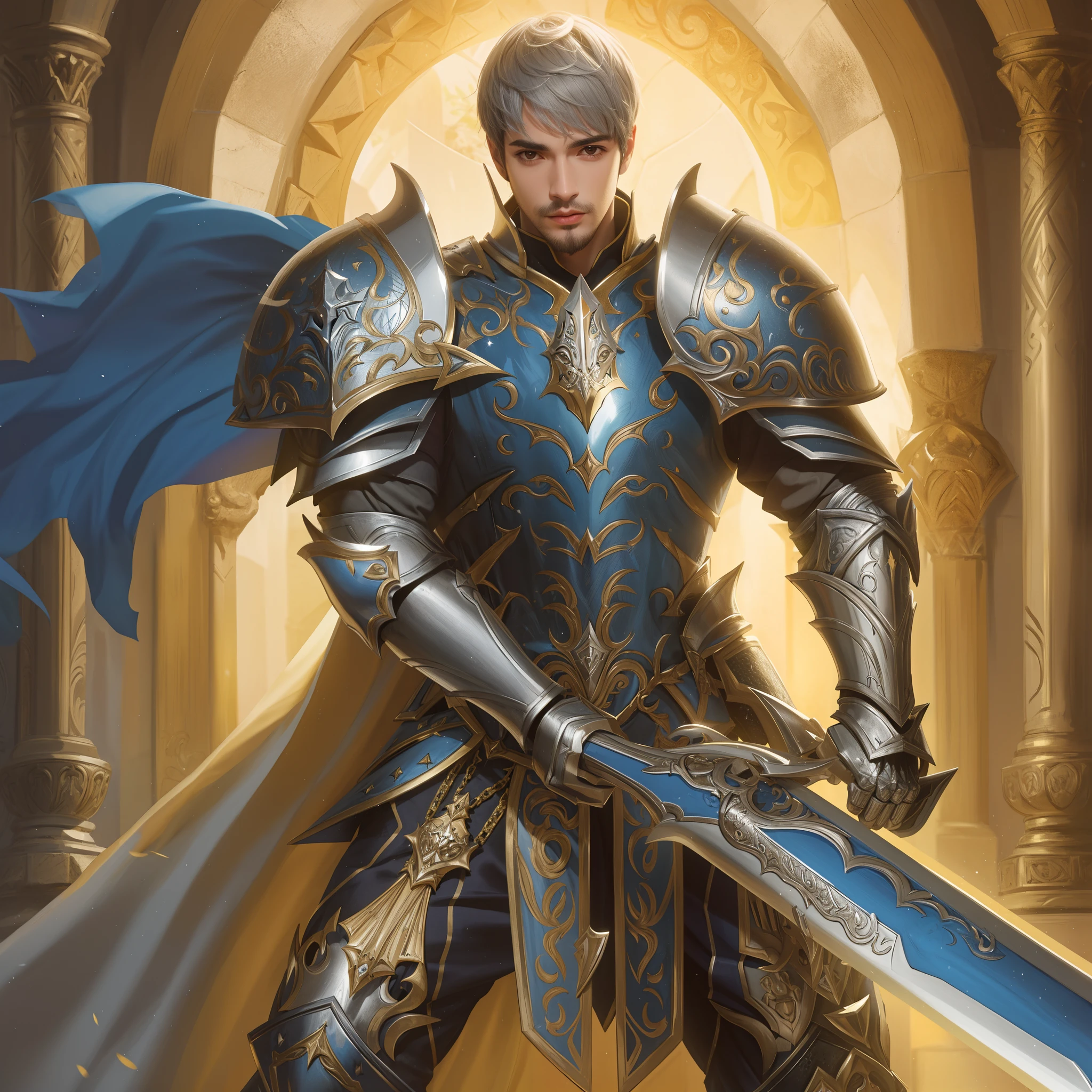 um close up de um homem de armadura segurando uma espada, Paladino masculino, paladinoo fantasia, Paladino Santo, full portrait of magical knight, um paladinoo masculino humano, Arsen Lupin como um paladinoo, paladinoo de ouro, paladino, Arte do Jogo de Cartas de Fantasia, Armadura dourada de Paladin, vestido com armadura leve, Graphic artist Magali Villeneuve