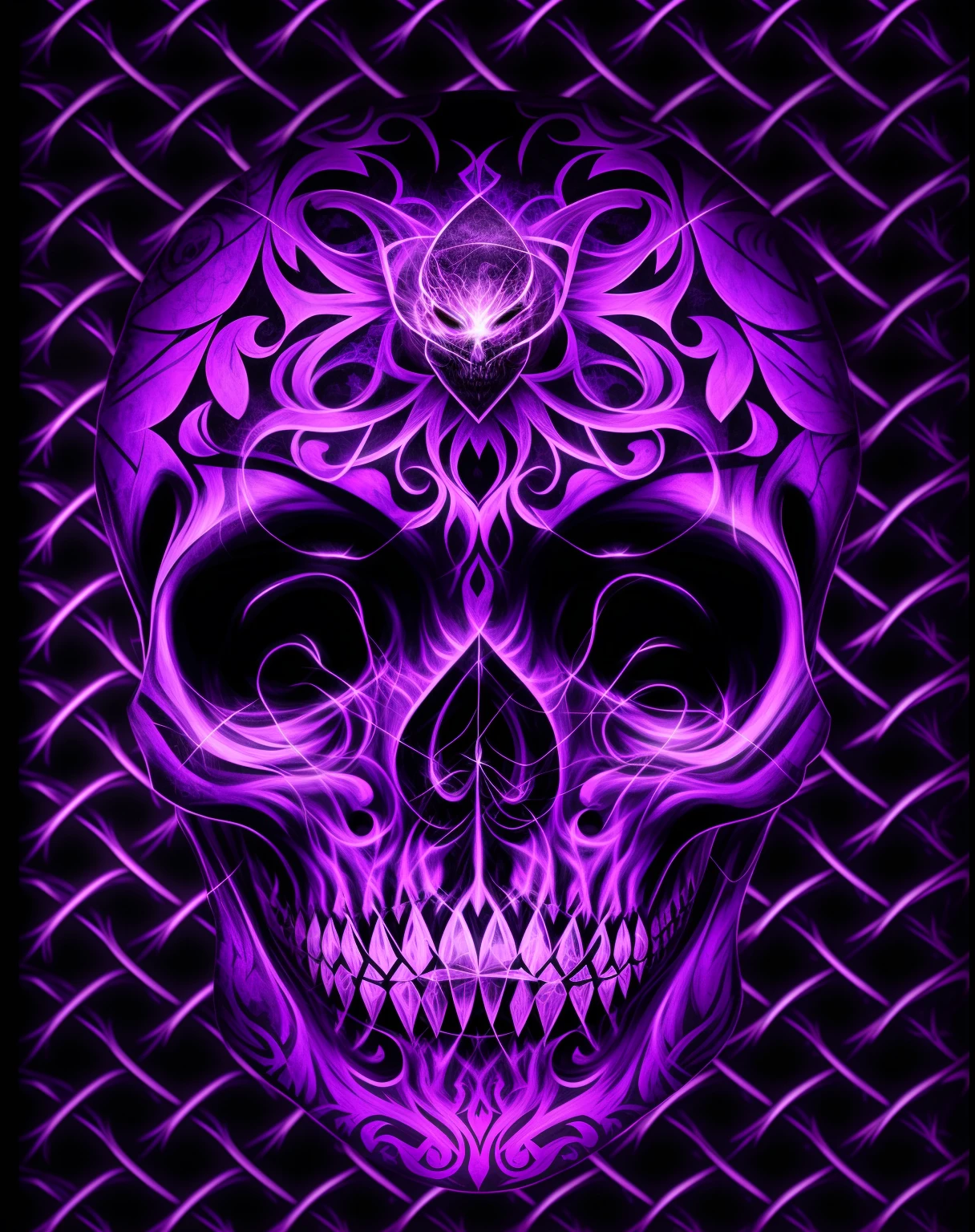 Purple skull with gorgeous design on black background, dark but detailed digital art, fantasy skull, Wallpaper phone, Sacred skull, iphone wallpaper, Purple neon, Wallpaper phone. Intricate, Purple glow, highly detailed dark art, ((skull)), glowing purple, Style Alex Gray, black light velvet poster, metal ears purple eyes, Black and purple, High detail digital art