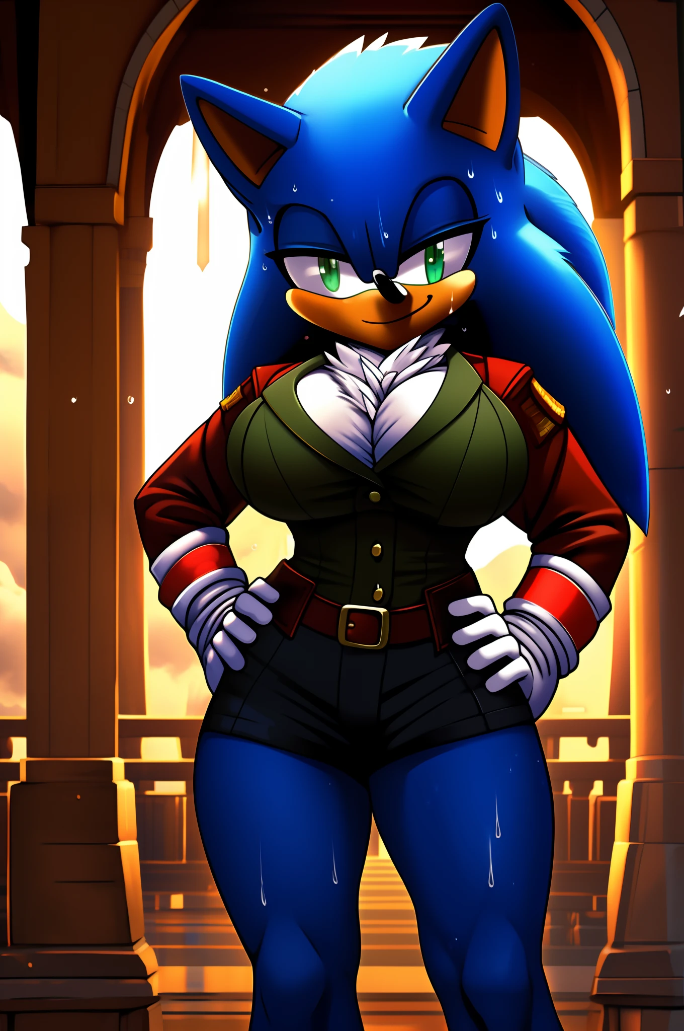 Sonique, green eyes, blue fur, half-closed eyes, hands on hips, red shoes, white gloves, sweat, standing, cowboy shot, large breasts, military uniform, , (insanely detailed, beautiful detailed face, masterpiece, beautiful detailed eyes, best quality), smile