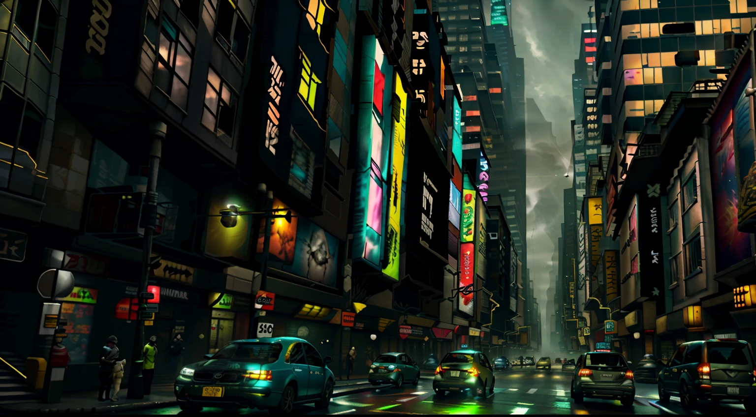 Create a photo-realistic image of a cyberpunk city at night. The city should have a dense and complex multi-level street layout, with bridges, ramps, tunnels and stairs connecting different levels. The city should be filled with neon lights of various colors and shapes, advertising products and services. The city should also have steamy channel covers, emitting fog and smoke into the air. The image should show a crowded and chaotic scene, with people, vehicles, robots and drones moving around. The image should have a dark and gritty atmosphere, showing the contrast between the high-tech and the low-life. The rain should reflect the neon lights and create puddles on the ground. The people should have some cybernetic enhancements, such as prosthetic limbs, implants, goggles or tattoos. The enhancements should show their personality, style or function.multi level streets, alleys, tunels