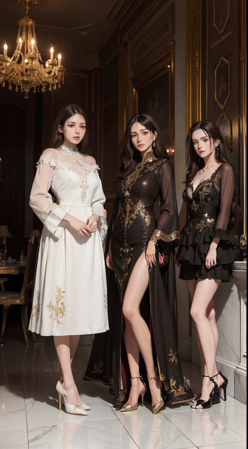 top quality picture　　、United Kingdom　、Large aristocratic mansion　、(((Brown high heels))) ,　Brown collar　、White luxury embroidered dress、is standing　、Two Women　、　Dark hair　、Detailed expression　, beautidful eyes,　super low angle、 shining beautiful skin , 　Sweat　、