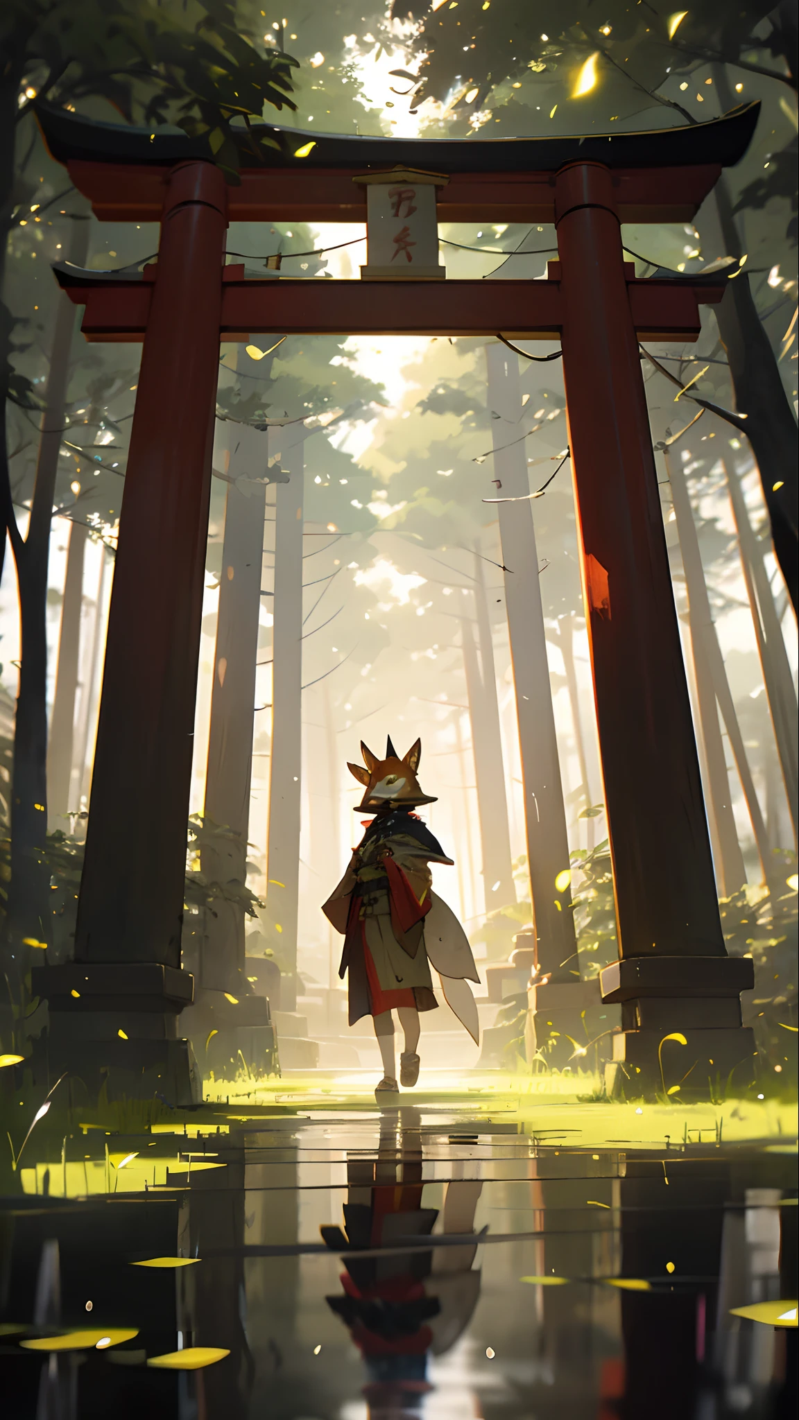 In a forest,Fireflies fly like a path of light,A ager in a fox mask stands under the torii gate looking down at the carp in the pond