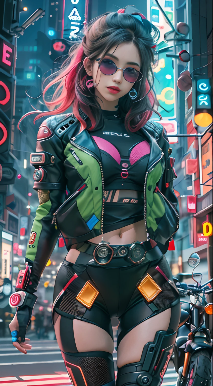 Masterpiece, Best quality, Confident cyberpunk girl, Full body shot, ((Stand in front of the motorcycle)), Popular costumes in Harajuku style, Bold colors and patterns, Eye-catching accessories, Trendy and innovative hairstyle, Vibrant makeup, Cyberpunk's dazzling cityscape, skyscrapper, Neon signs, LED lights, Bright and vivid color scheme, anime big breast, illustration, Detailed skin texture, Detailed cloth texture, Beautiful detailed face, Intricate details, Ultra detailed.