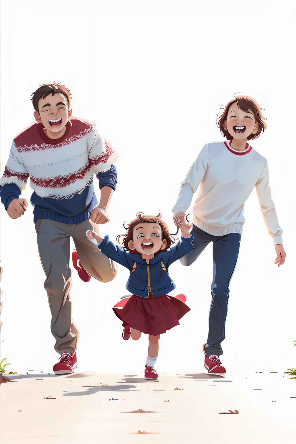 A family of three running outside hand in hand, Family photography, fully body photo, portrait of family of three, The child is wearing a skirt, full body photogenic shot, Happy family, full body portrait shot, , studio portrait photography, family photos, Husband, wife and daughter, Running up posture