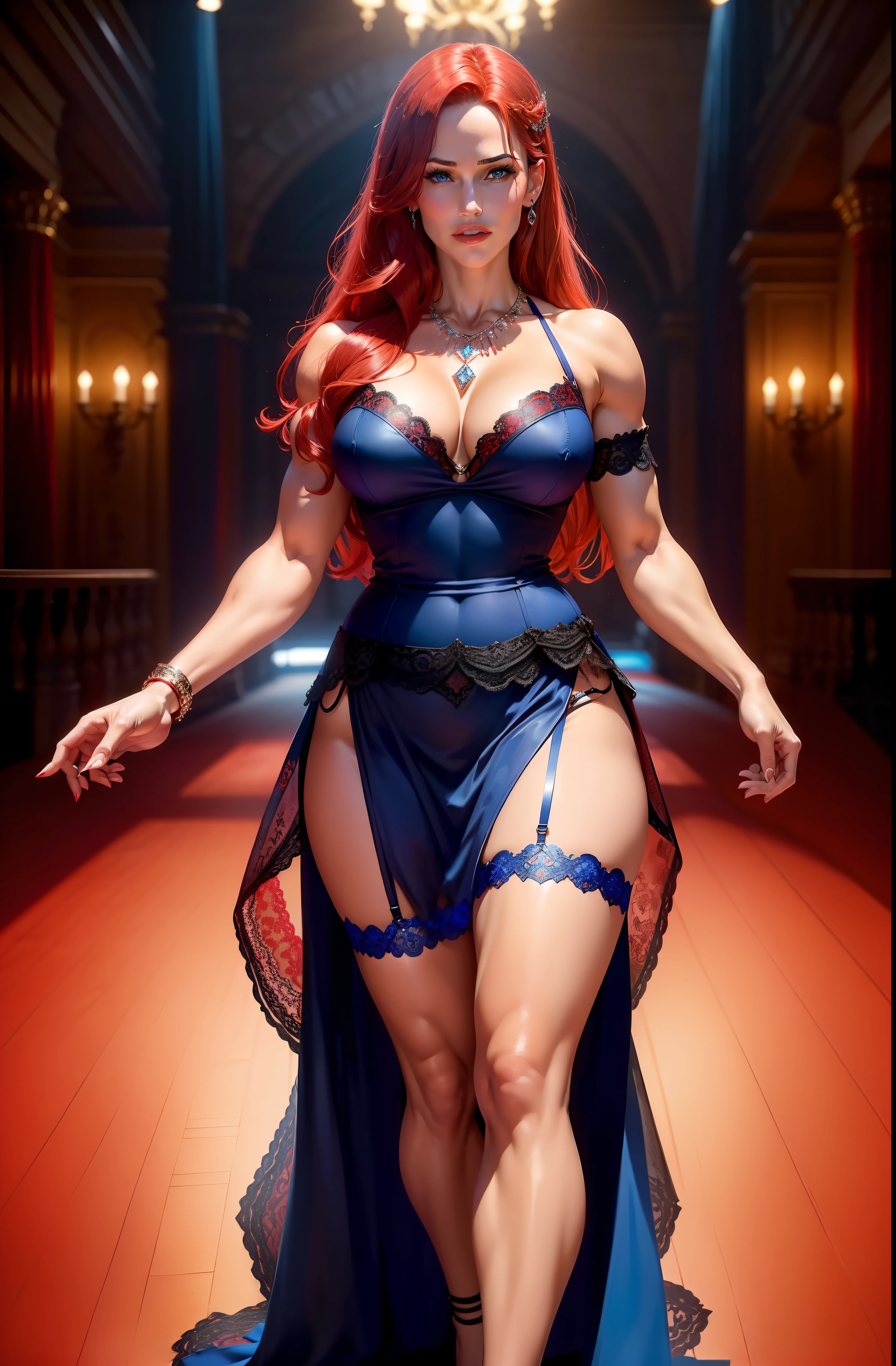 Jennifer Garner in a red and black intricate lace evening dress, ((red hair)), ((defined muscles)), ((athletic build)), ((dark tan)), lots of cleavage, thigh showing, underwear showing, ((in an ancient castle ballroom)), ((intricate diamond necklace)), ((Very colorful background)), (((garters))), (((cobalt blue eyes)))