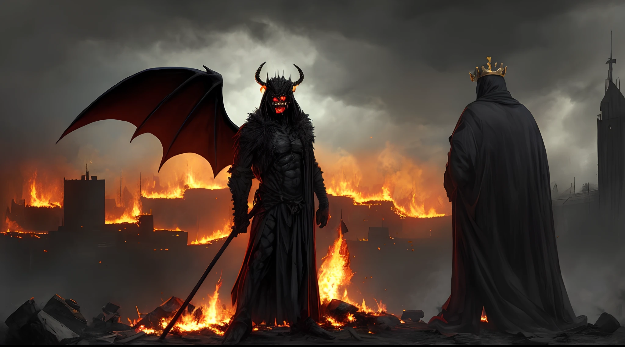 Create a scary image of Belphegor, based on the descriptions from the Ars Goetia: Imagine a tall, dark figure with the face of a man and the wings of a bat. His eyes are burning red, and his skin is covered in black scales. He wears a crown of gold, and he holds a staff in his right hand. His left hand is missing, and in its place is a flaming torch. He stands before a burning city, with the flames licking at his feet. The sky above him is dark and stormy, and thunder and lightning crackle in the distance. Scary, creepy, horror