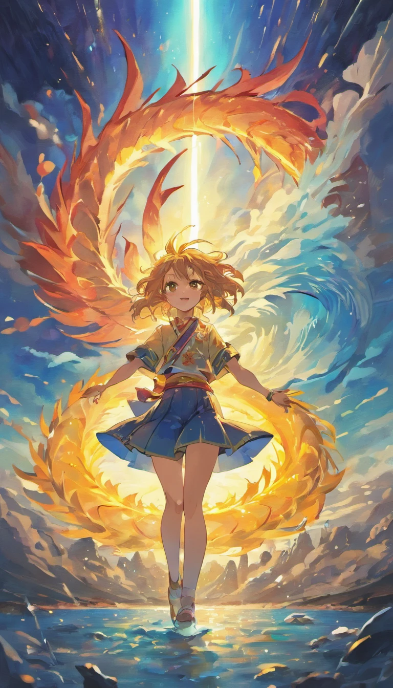 Landscape painting,A sun hangs high in the sky,Rainbow in the air,A huge Chinese dragon is golden in the air,The dragon is in the middle of the painting