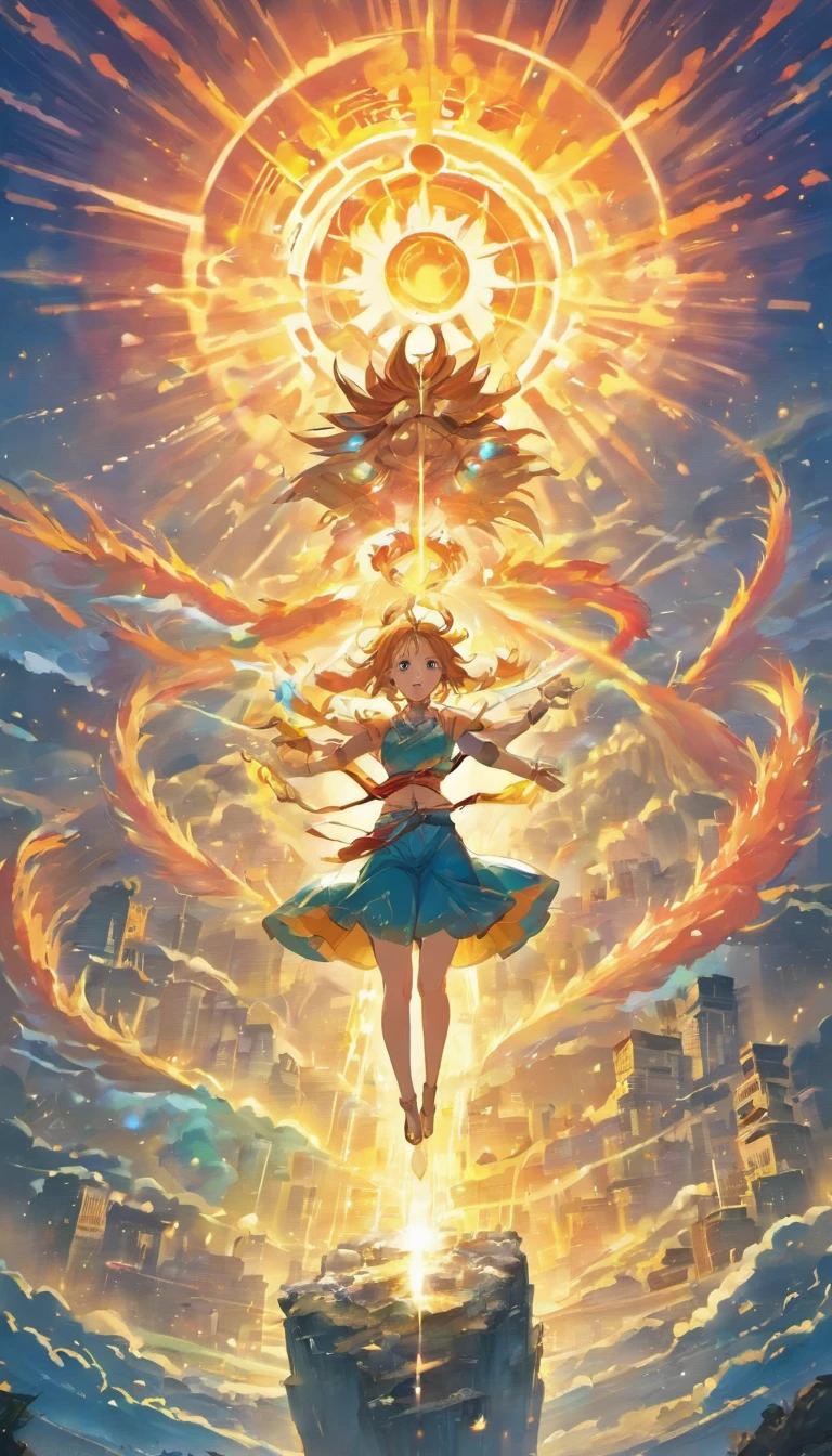 Landscape painting,A sun hangs high in the sky,Rainbow in the air,A huge Chinese dragon is golden in the air,The dragon is in the middle of the painting