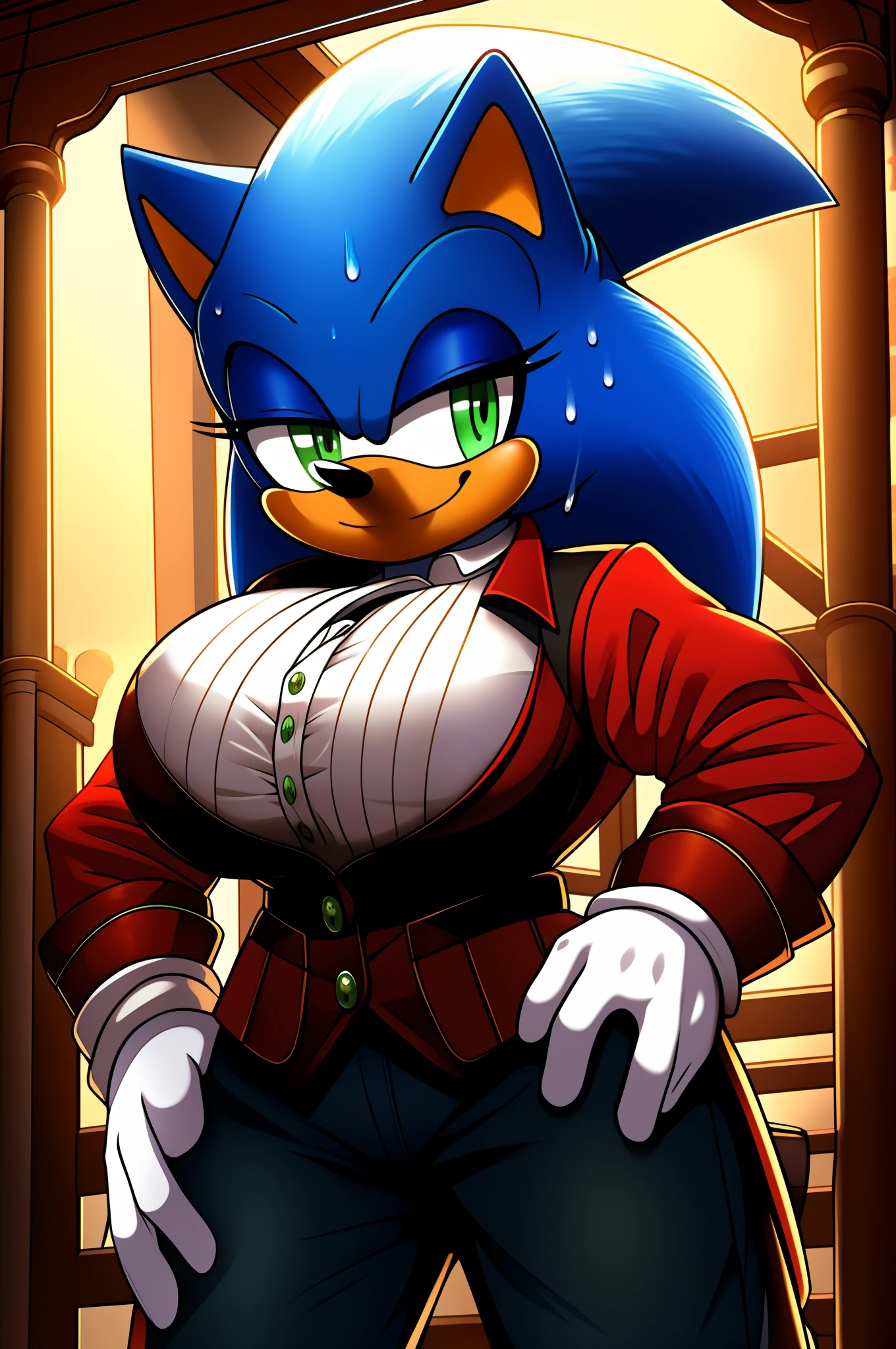 Sonique, green eyes, blue fur, half-closed eyes, hands on hips, red shoes, white gloves, sweat, standing, cowboy shot, large breasts, military uniform, , (insanely detailed, beautiful detailed face, masterpiece, beautiful detailed eyes, best quality), smile
Waiting to start