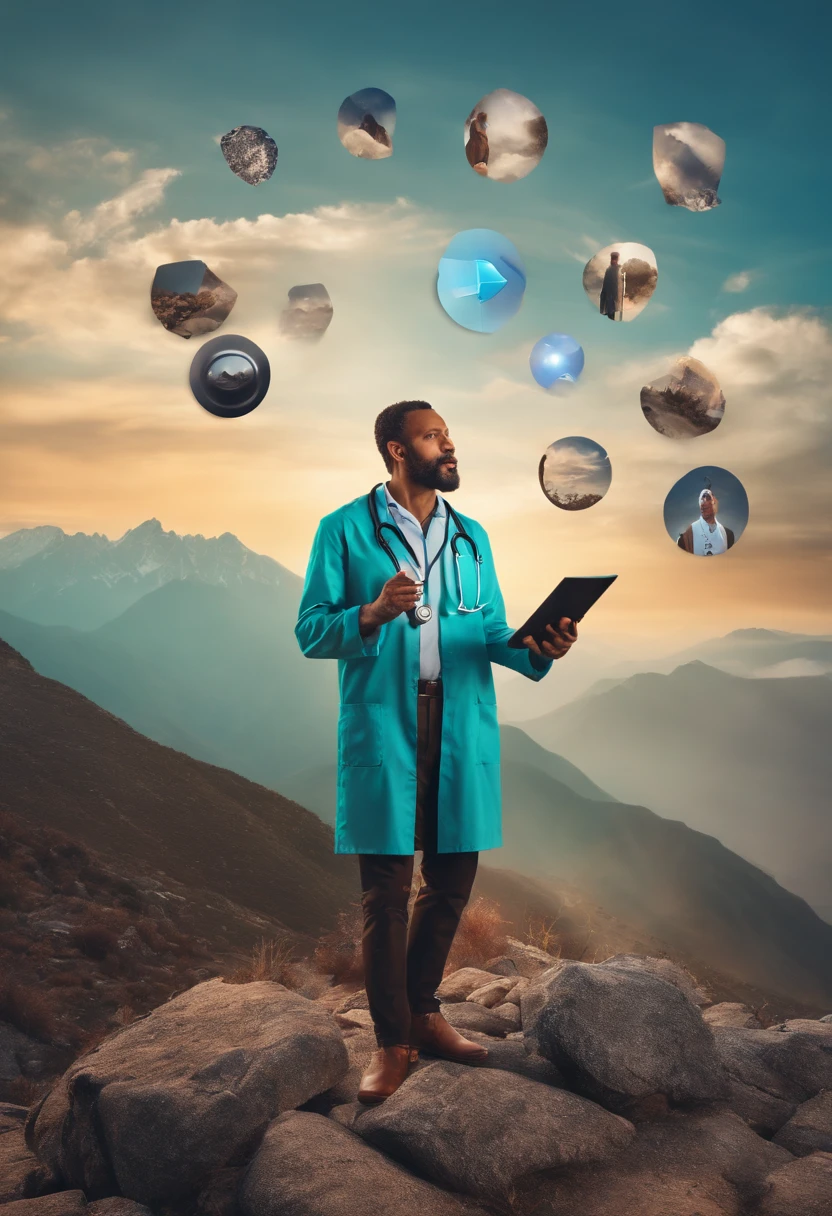 an unmotivated doctor holding a megaphone standing on a mountain, with 3d Instagram icons popping up around you ultra ralist, rico em detalhes