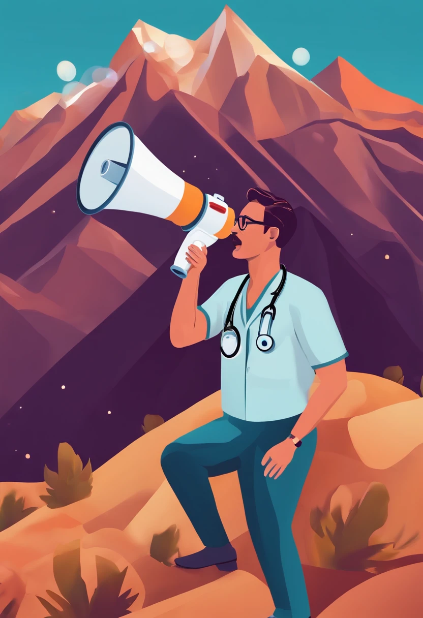 an unmotivated doctor holding a megaphone standing on a mountain, with 3d Instagram icons popping up around you ultra ralist, rico em detalhes