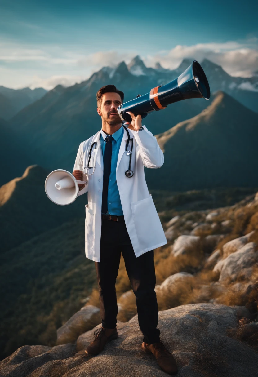 an unmotivated doctor holding a megaphone standing on a mountain, with 3d Instagram icons popping up around you ultra ralist, rico em detalhes