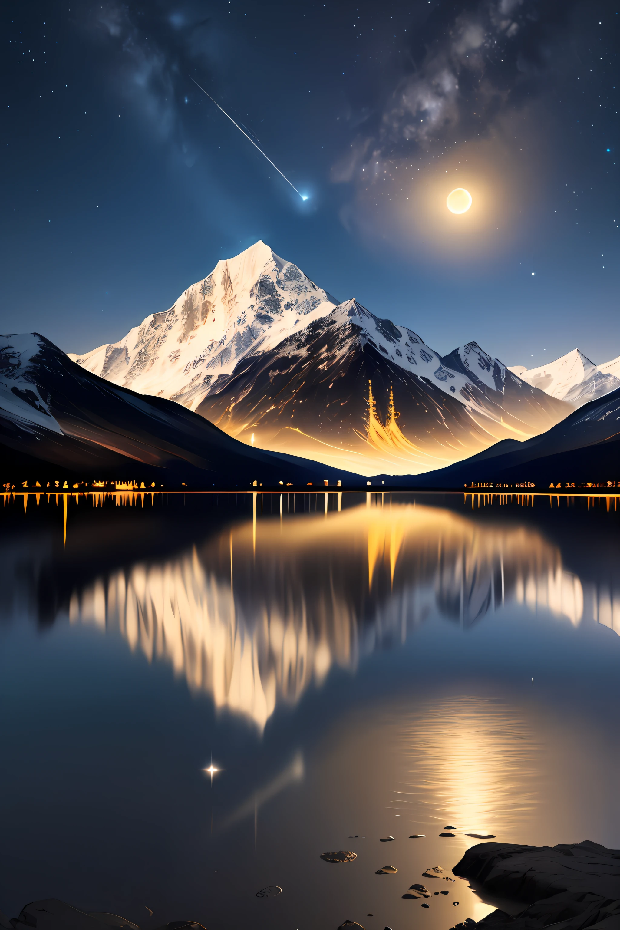 Very starry night. A giant moon behind the mountains. A tranquil lake reflecting the night. Realistic scene, detailed, photorealism, 8k