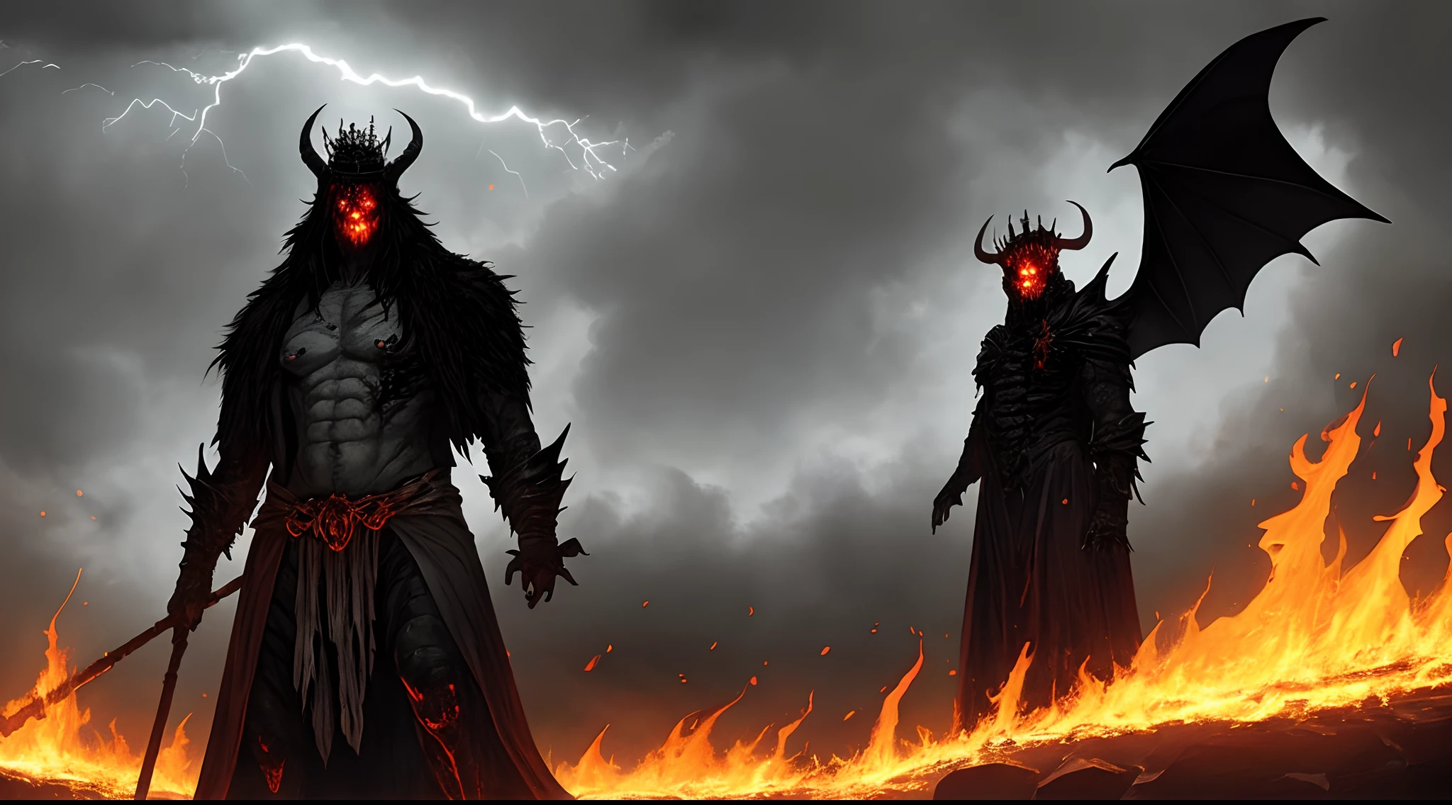 Create a scary image of Belphegor, based on the descriptions from the Ars Goetia: Imagine a tall, dark figure with the face of a man and the wings of a bat. His eyes are burning red, and his skin is covered in black scales. He wears a crown of gold, and he holds a staff in his right hand. His left hand is missing, and in its place is a flaming torch. He stands before a burning city, with the flames licking at his feet. The sky above him is dark and stormy, and thunder and lightning crackle in the distance. Scary, creepy, horror