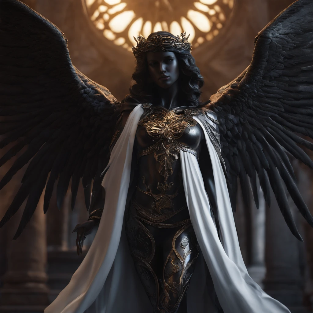 Close-up of winged angel statue, angel of death, angel of death, unreal engine rendered + goddes, The villain has the wings of a black angel, the angel of death with a halo, angel in plastic armor, flowing white robe, portrait of the angel of death, angel knight gothic girl, majestic full-bodied angel, angel protecting woman, Cover art, Obsessed with life, Obsessed with life, Album cover of a song titled "Grab Life"