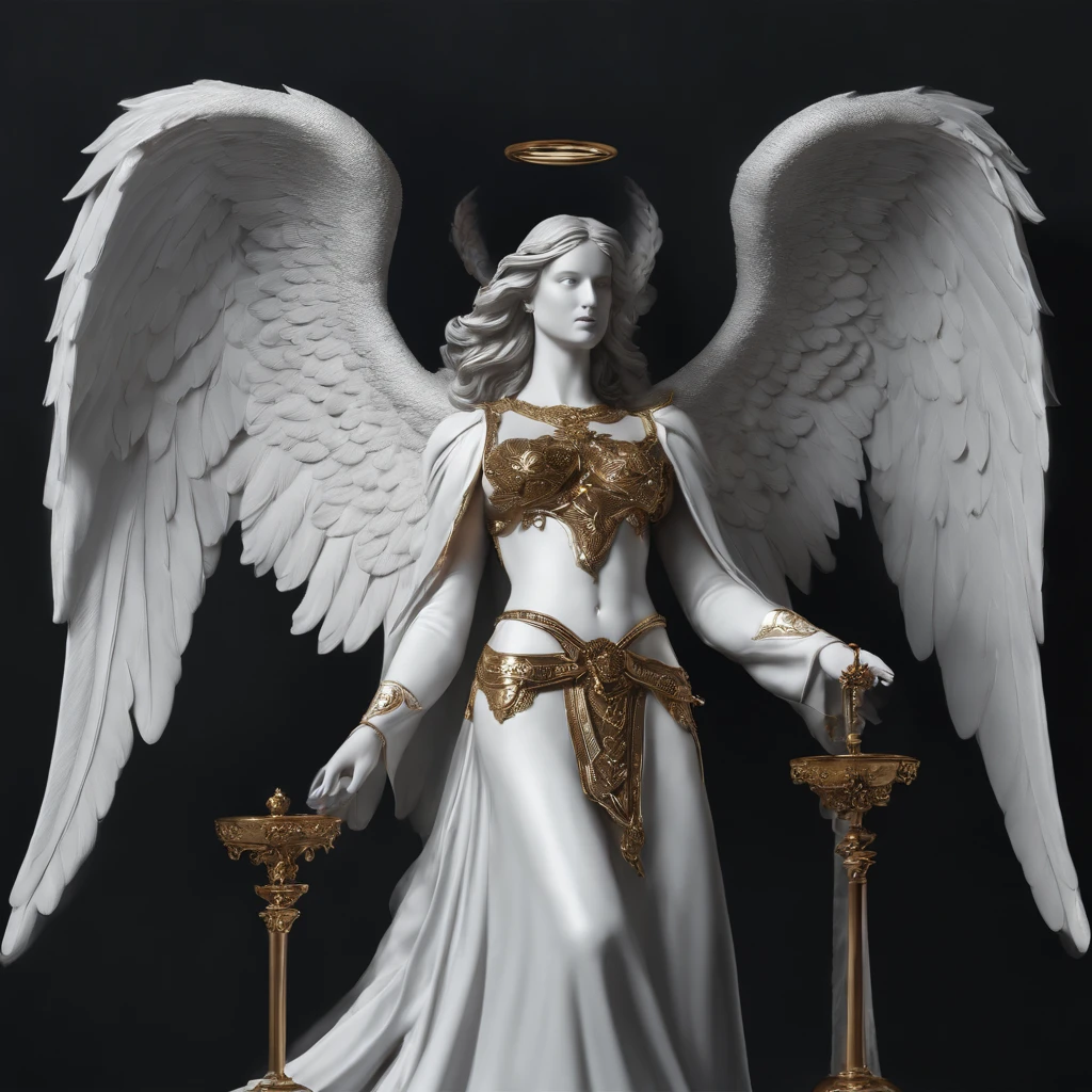 Close-up of winged angel statue, angel of death, angel of death, unreal engine rendered + goddes, The villain has the wings of a black angel, the angel of death with a halo, angel in plastic armor, flowing white robe, portrait of the angel of death, angel knight gothic girl, majestic full-bodied angel, angel protecting woman, Cover art, Obsessed with life, Obsessed with life, Album cover of a song titled "Grab Life"
