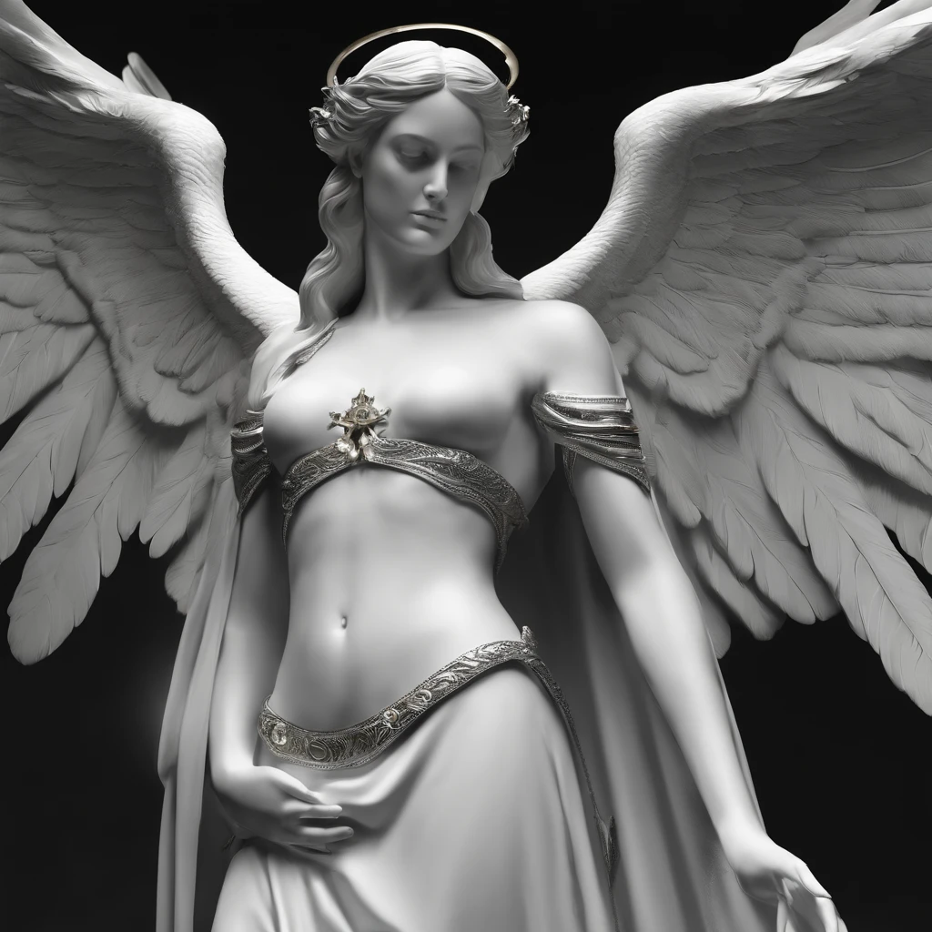 Close-up of winged angel statue, angel of death, angel of death, unreal engine rendered + goddes, The villain has the wings of a black angel, the angel of death with a halo, angel in plastic armor, flowing white robe, portrait of the angel of death, angel knight gothic girl, majestic full-bodied angel, angel protecting woman, Cover art, Obsessed with life, Obsessed with life, Album cover of a song titled "Grab Life"