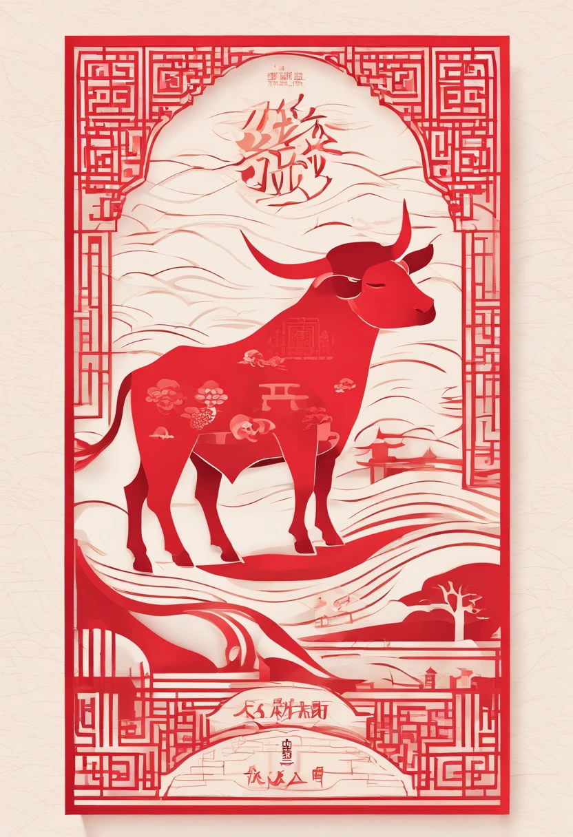 Zodiac cattle,Chinese New Year's Eve verse,red colour,jubilation,lanterns