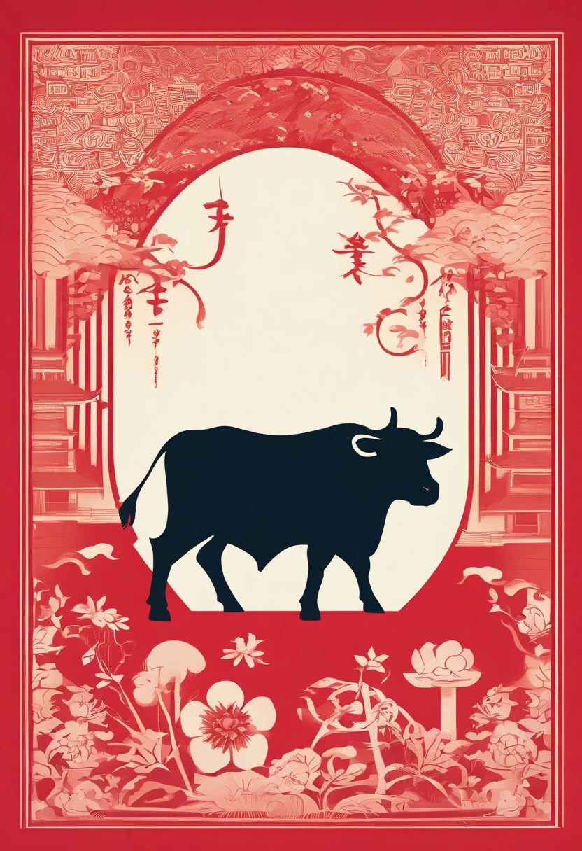 Zodiac cattle，Chinese New Year's Eve verse，red colour，jubilation，lanterns