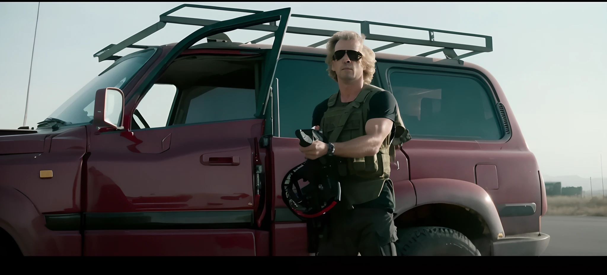 An Allard man in a camouflage bulletproof vest stands in front of a red truck, Cameron Films,  cinematic ligh《the terminator》Still, movie action still frame, shot from cinematic, still from live action movie, Armed with AA12 rifle, live-action movie scenes, action scene from the film，Ultra-cinematic