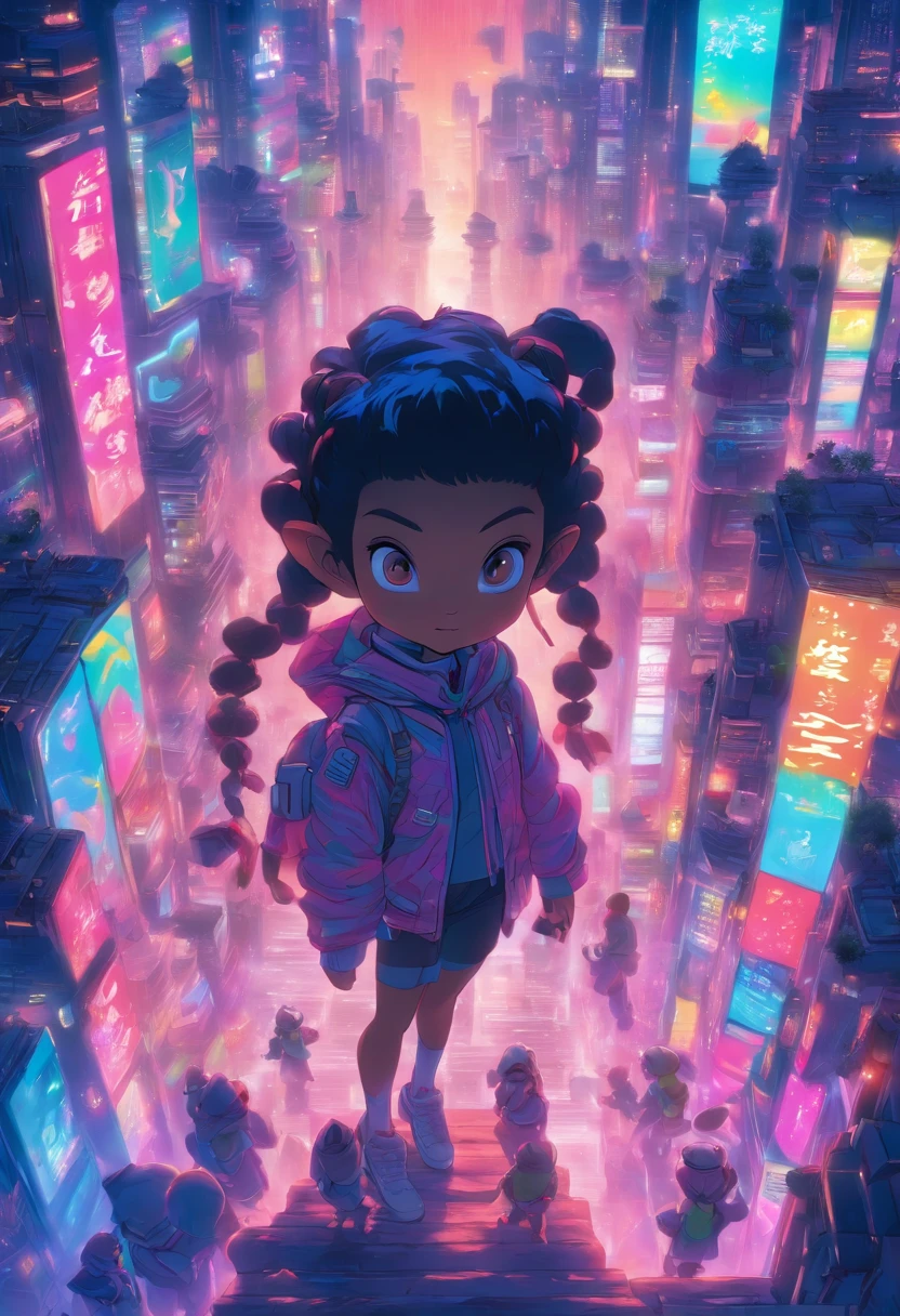 "Create a semi-realistic 3D scene featuring an endearing young girl with a lean and slightly tall physique, black hair, and an alien appearance, resembling a fusion of human and ant-like features. She sports pointed ears, exudes joyful eyes, and is adorned in playful alien-style children's clothing. Place her in a festive setting within a futuristic cityscape, where the environment is filled with bustling activities and advanced technology. The contrast between her unique alien attributes and the vibrant, bustling cityscape sets the stage for a captivating scene of heartwarming charm and curiosity."