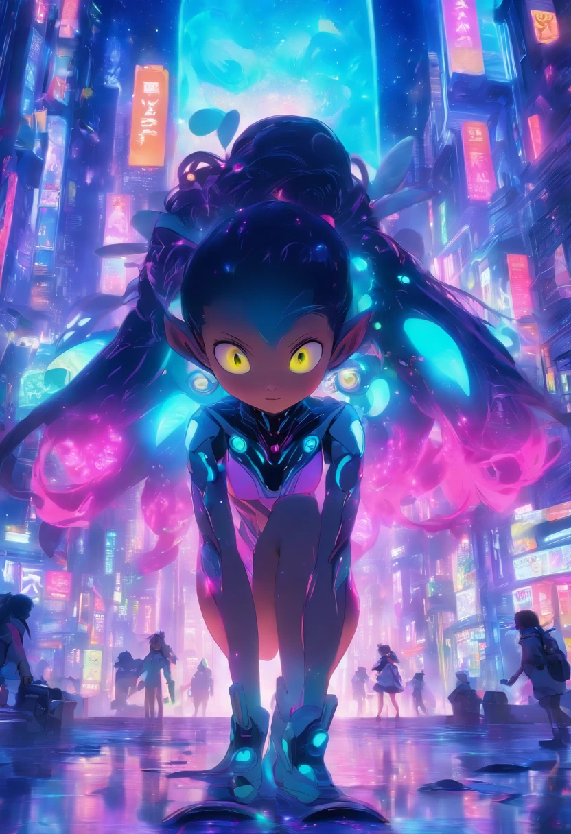 "Create a semi-realistic 3D scene featuring an endearing young girl with a lean and slightly tall physique, black hair, and an alien appearance, resembling a fusion of human and ant-like features. She sports pointed ears, exudes joyful eyes, and is adorned in playful alien-style children's clothing. Place her in a festive setting within a futuristic cityscape, where the environment is filled with bustling activities and advanced technology. The contrast between her unique alien attributes and the vibrant, bustling cityscape sets the stage for a captivating scene of heartwarming charm and curiosity."