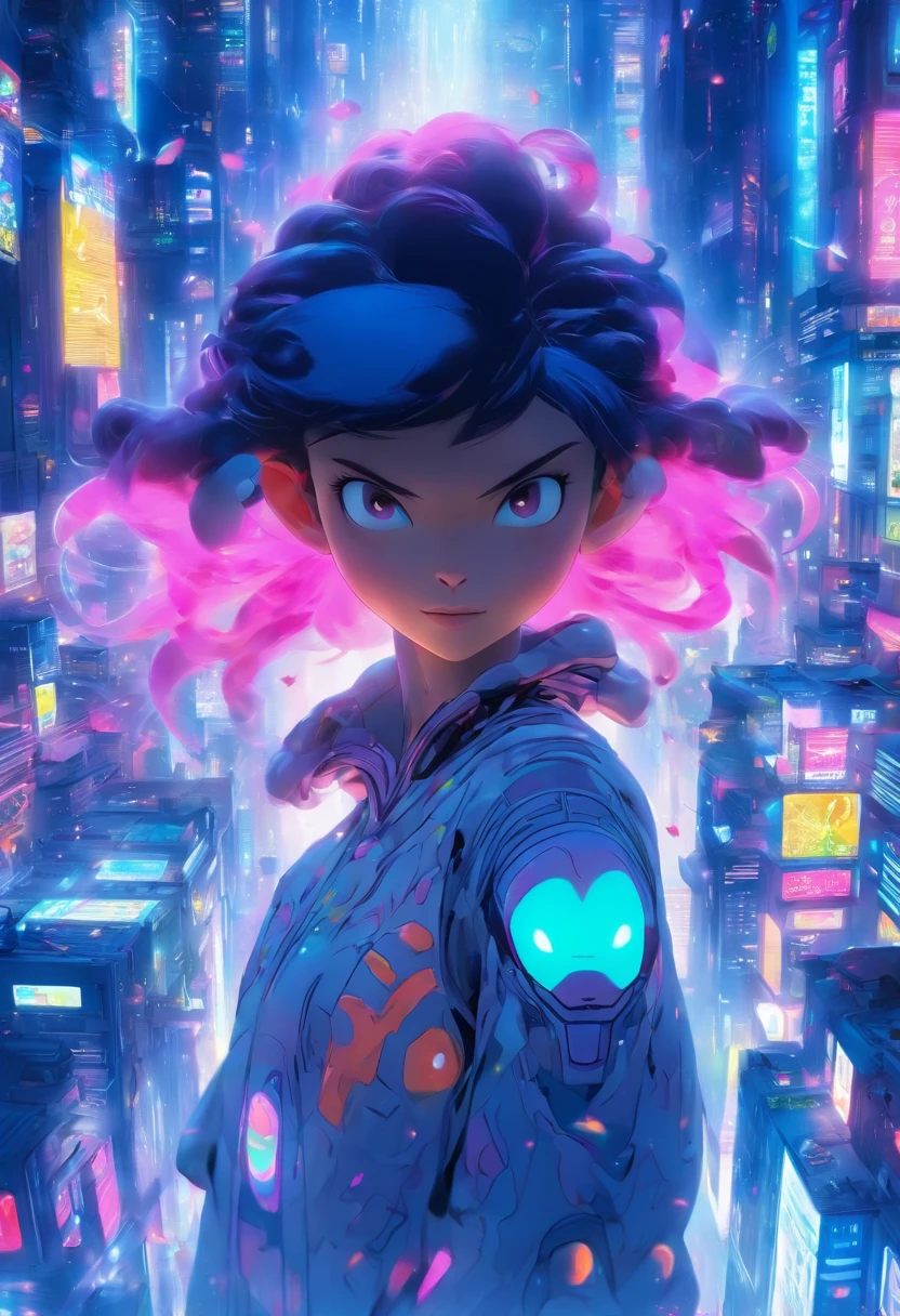 "Create a semi-realistic 3D scene featuring an endearing young girl with a lean and slightly tall physique, black hair, and an alien appearance, resembling a fusion of human and ant-like features. She sports pointed ears, exudes joyful eyes, and is adorned in playful alien-style children's clothing. Place her in a festive setting within a futuristic cityscape, where the environment is filled with bustling activities and advanced technology. The contrast between her unique alien attributes and the vibrant, bustling cityscape sets the stage for a captivating scene of heartwarming charm and curiosity."