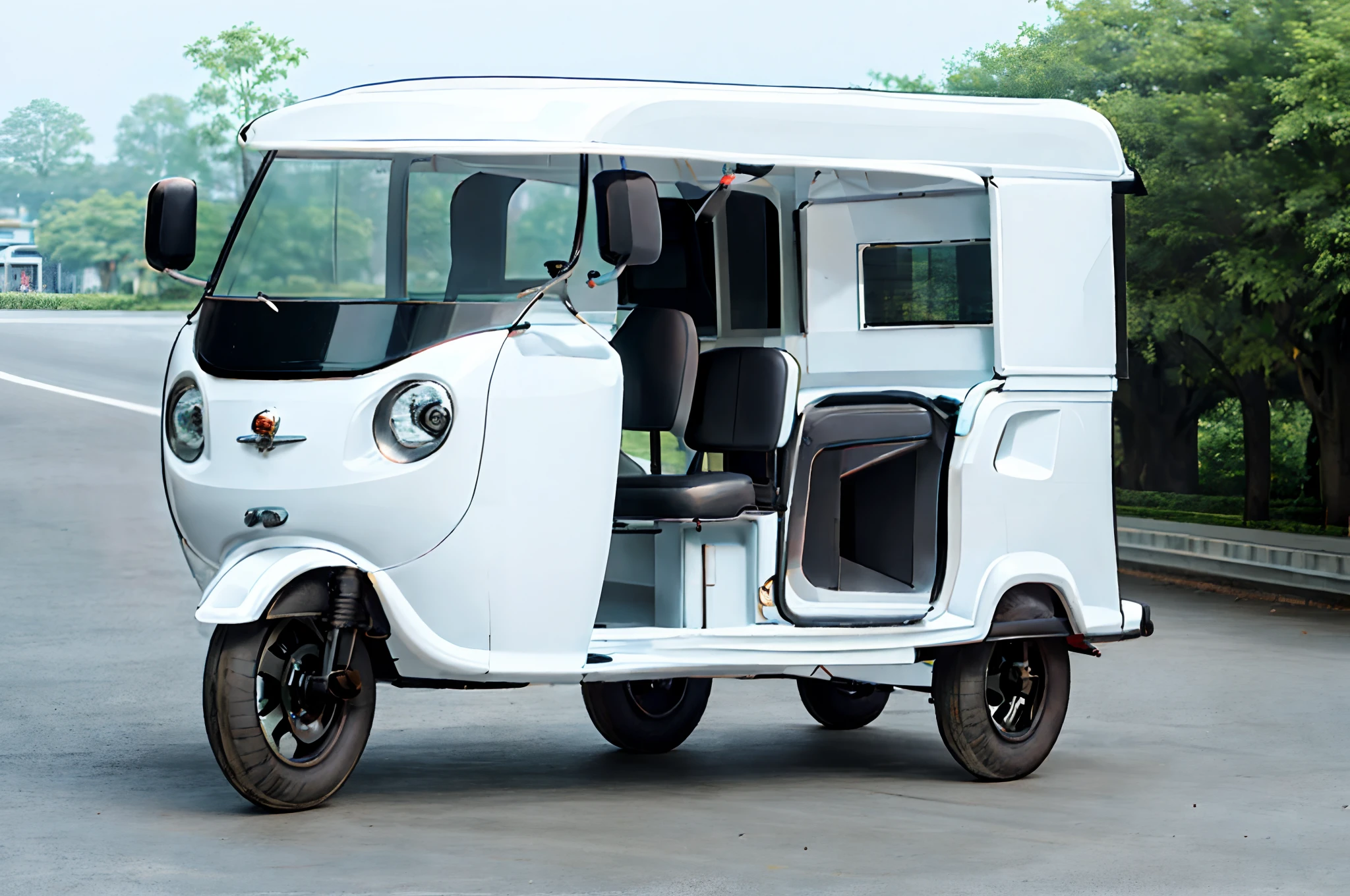 Three-wheeled tuk-tuk,White car paint shape,Rich shapes,Overall roundness,Drive on the streets of Cambodia。