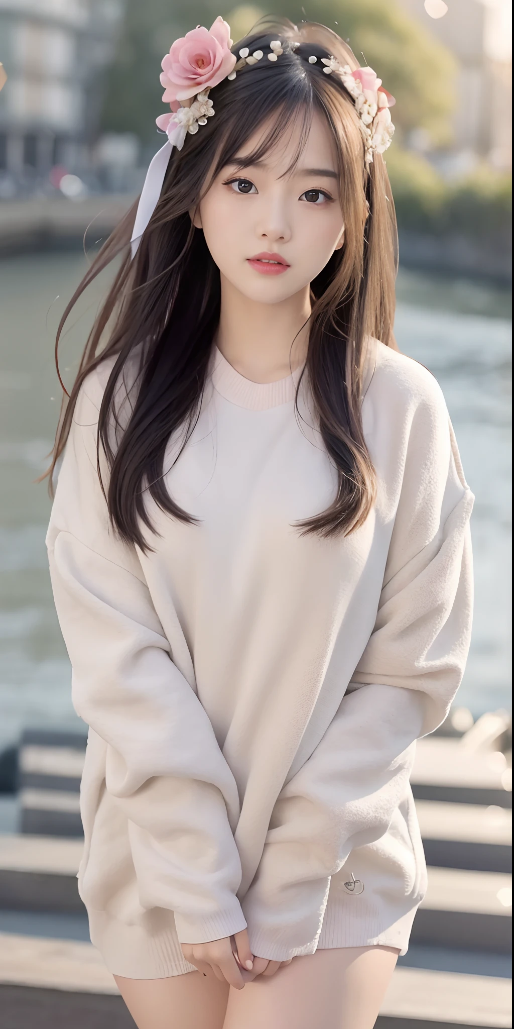 1girl walking on the river, mix4, Sweatshirt, pillow, lips, open_mouth, realistic, photo_\(medium\), solo, stuffed_animal, stuffed_toy, teddy_bear,(masterpiece),(fidelity:1.3),ultra - detailed,（Highly detailed skin：1.2），（best qualtiy：1.0），（超高分辨率：1.0），（ulzzang-6500：0.3），Wavy detail hair，long whitr hair，rays of sunshine，（Beautiful detailed makeup），（Sexually aroused blush，Heavy breathing：1.0 ), Flower theme flower petals scattered, (Soft light blooms:0.5)