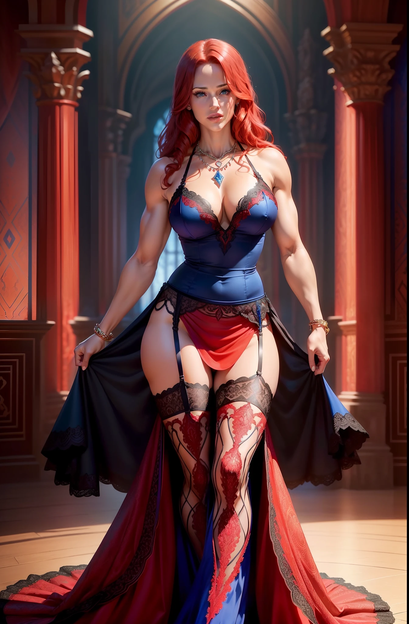 Jennifer Garner in a red and black intricate lace evening dress, ((red hair)), ((defined muscles)), ((athletic build)), ((dark tan)), lots of cleavage, thigh showing, underwear showing, ((in an ancient castle ballroom)), ((intricate diamond necklace)), ((Very colorful background)), (((garters))), (((cobalt blue eyes)))