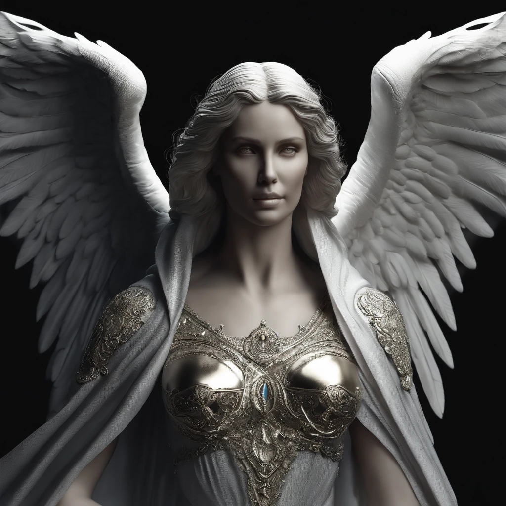 Close-up of angel statue with wings, angel of death, angel of death, unreal engine rendered + goddes, Intricate texture detail，The villain has the wings of a black angel, the angel of death with a halo, angel in plastic armor, Flowing white robe, portrait of the angel of death, angel knight gothic girl, majestic full-bodied angel, angel protecting woman, Cover art, Obsessed with life, Obsessed with life, One is called "Snatch life"