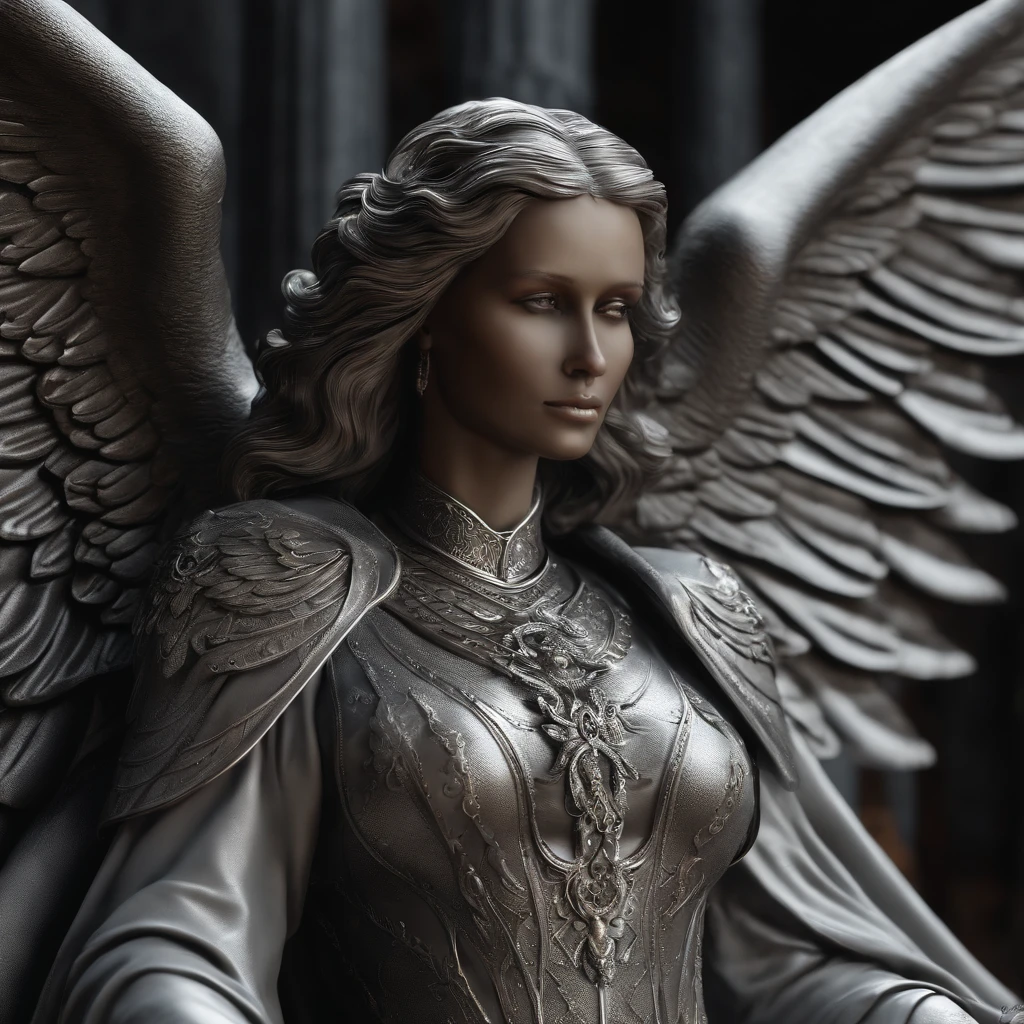 Close-up of angel statue with wings, angel of death, angel of death, unreal engine rendered + goddes, Intricate texture detail,The villain has the wings of a black angel, the angel of death with a halo, angel in plastic armor, Flowing white robe, portrait of the angel of death, angel knight gothic girl, majestic full-bodied angel, angel protecting woman, Cover art, Obsessed with life, Obsessed with life, One is called "Snatch life"