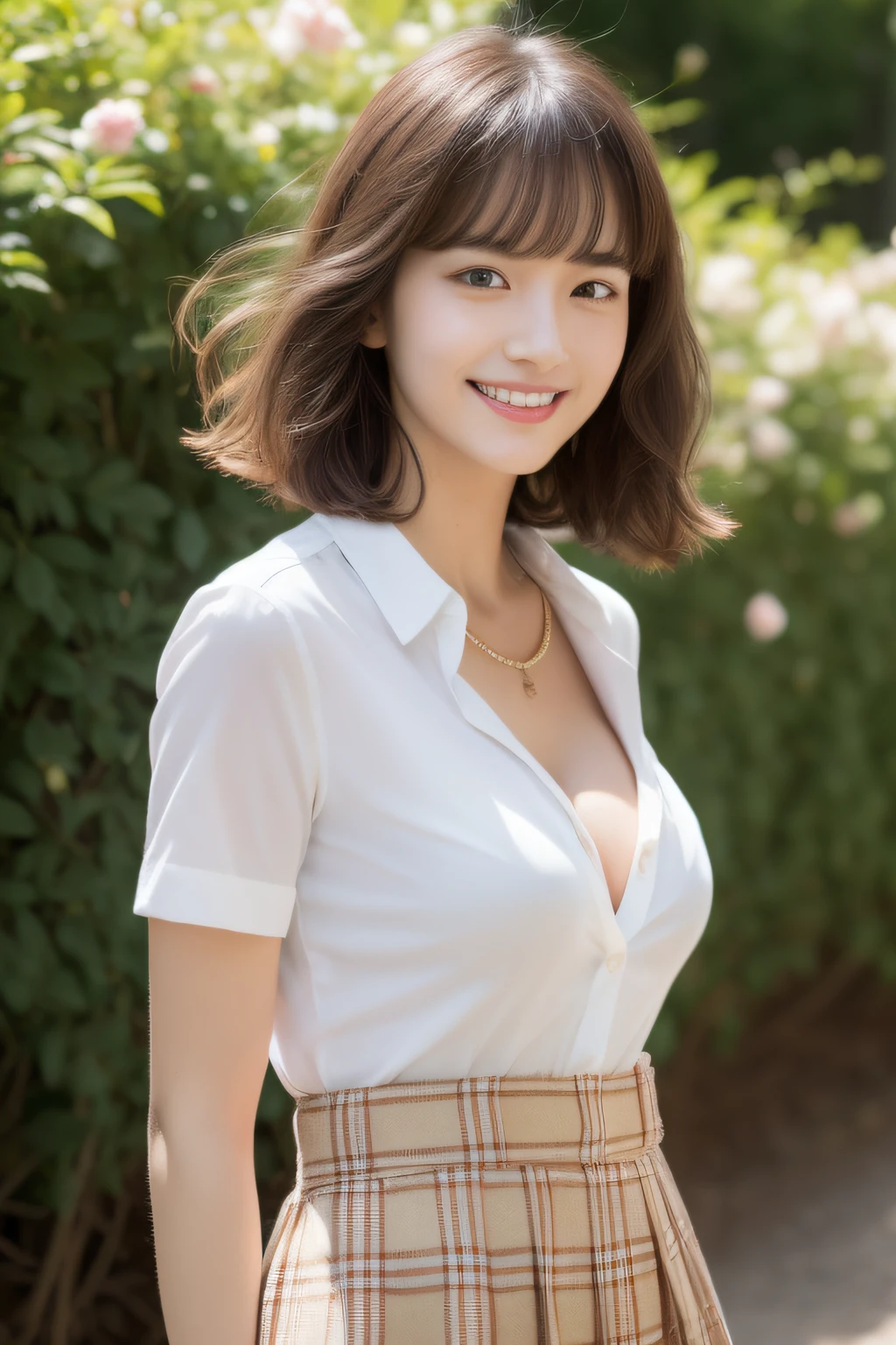 NSFW, 8k RAW photo, Best Quality, ((masutepiece)), 超A high resolution, Film grain, filmg,( 20yr old, Slender face, 1girl in, slanted eye, eyesight, long eyelashes, Eye Highlights), Looking at Viewer, Natural Skin Texture, A perfectly proportioned face, Dimples, realistic eyes and face details, Full lips, lip stick, (makeup), Red eyeshadow, Perm Hair, Fluffy short hair, hair messy, Smile, closes mouth, Beautiful legs, Tall lady, skinny, slim_Legs, Solo, huge-breasted, cleavage, Ultra short skirt, Ass, Shirt, (beautiful nature location, around flowers location), (Detailed background), (Beige plaid skirt, White shirt), huge-breasted, cleavage, Show a little cleavage through the shirt, lowfers, Blurry background, Blurry, Plaid, Short sleeves, Brown hair, Bangs, ((School uniform)), a necklace, Parted lips, Lips, From Side, Pleated skirt, depth of fields