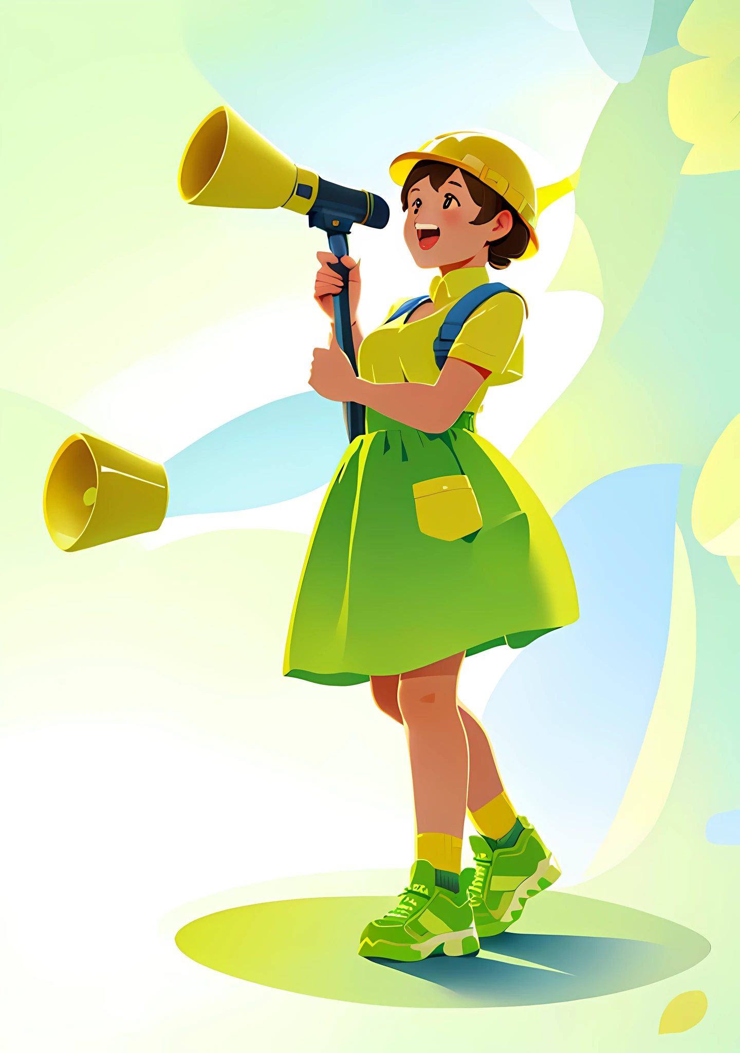 Close-up of a child in architectural costume holding a megaphone,wearing hi vis clothing, kiddy big breasts, High quality product image, professional image, commercial photograph, close up photograph, yellow helmets,Open-mouthed,megaphone,horn