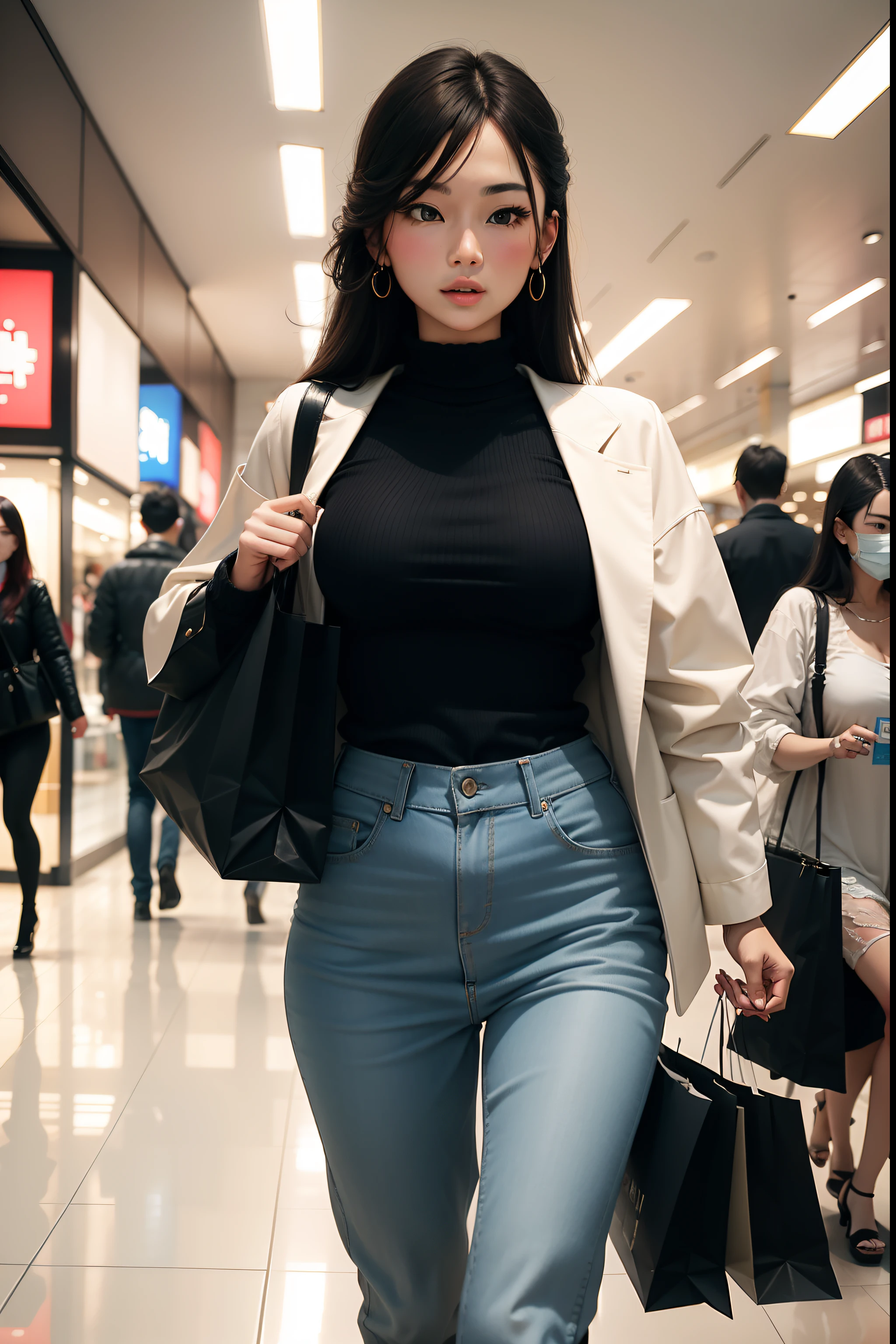 1 woman，Independent women，In the shopping mall，Fashionable clothing，He was followed by a male，Carrying a lot of shopping bags。The picture is witty and humorous。