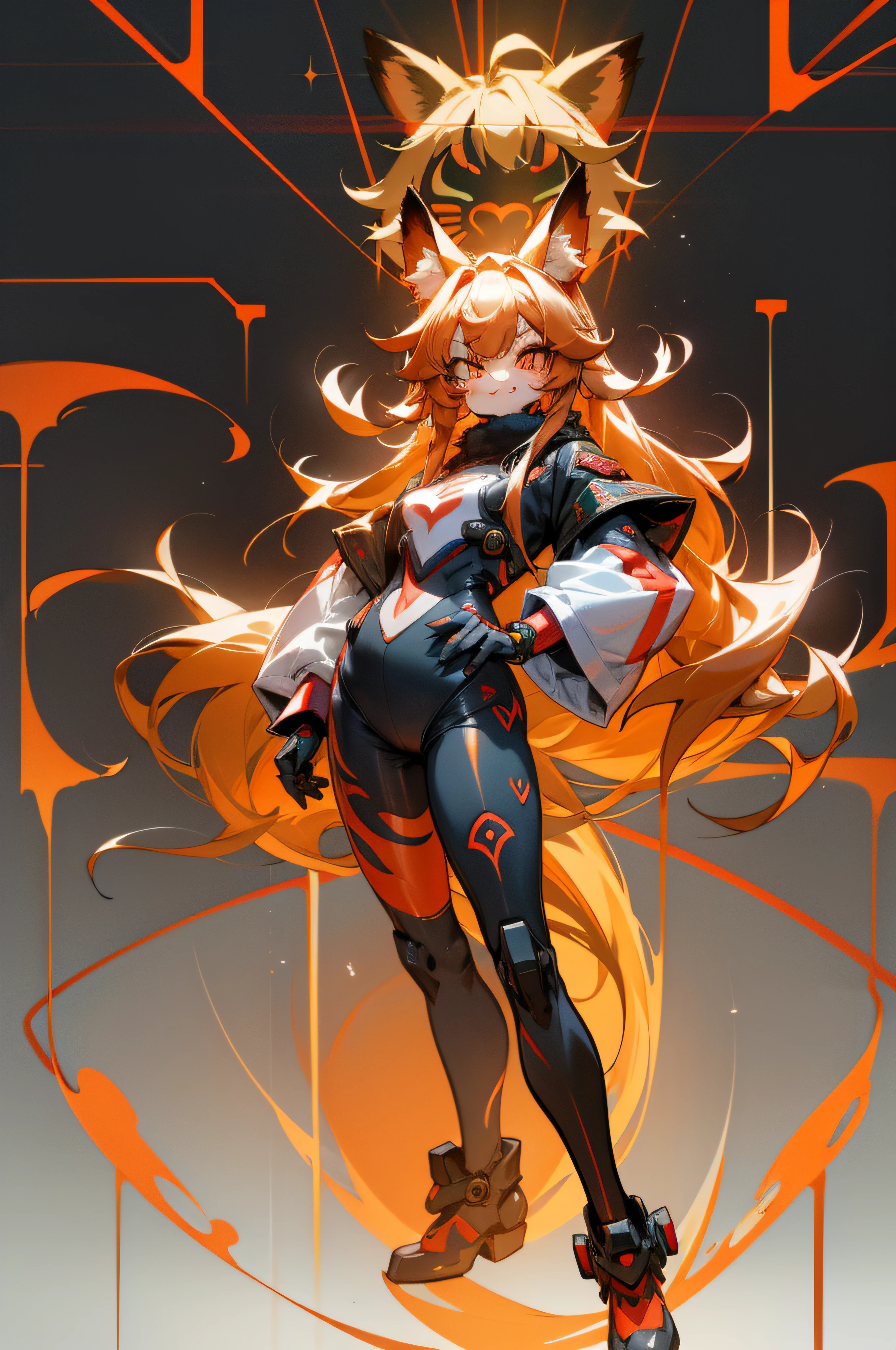 Kizi,fury,Furry,full bodyesbian,high qulity,red fox,cyber punk perssonage,Game standing drawing,quadratic element,animal face,komono,Hairy all over,Soft hair,Full Body Hair,Stand in front of you,seductiv,Raise your right hand,animal face,Normal hands,Zootopia