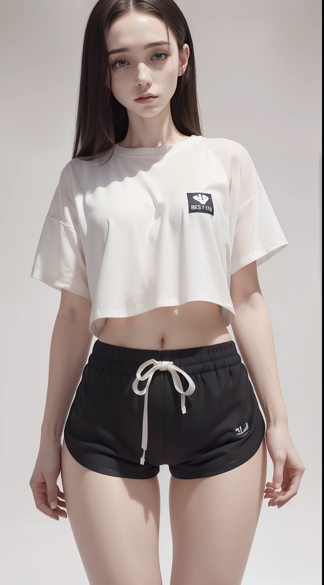 dynamic pose,1girl,pale skin,delicate face,freckles,intricate details,(baggy shirt,gym shorts:1.3),small waist,(wide thigh gap:1.3,thick thighs:1.3),white background,(best quality:1.2,ultra-detailed,realistic:1.37),portrait,soft colors,polished lighting