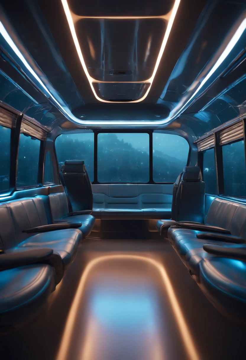 (Best quality,4K,8K,A high resolution,Masterpiece:1.2),Ultra-detailed,(Realistic,Photorealistic,photo-realistic:1.37),Futuristic tech bus exterior,3D rendering of,Shiny metal surface,streamlined line design,Stylish aerodynamic shape,Large panoramic windows,Transparent roof for stargazing,LED lights that illuminate the exterior,cityscapebackground,Reflections on smooth surfaces,High-tech logos and branding,Hover above the ground,Gives off a soft blue glow,sportrait,extremely colorful、vibrant color palette,Studio lighting,Sharp focus,Physically-based rendering,professional,Vivid colors,Bokeh,side looking