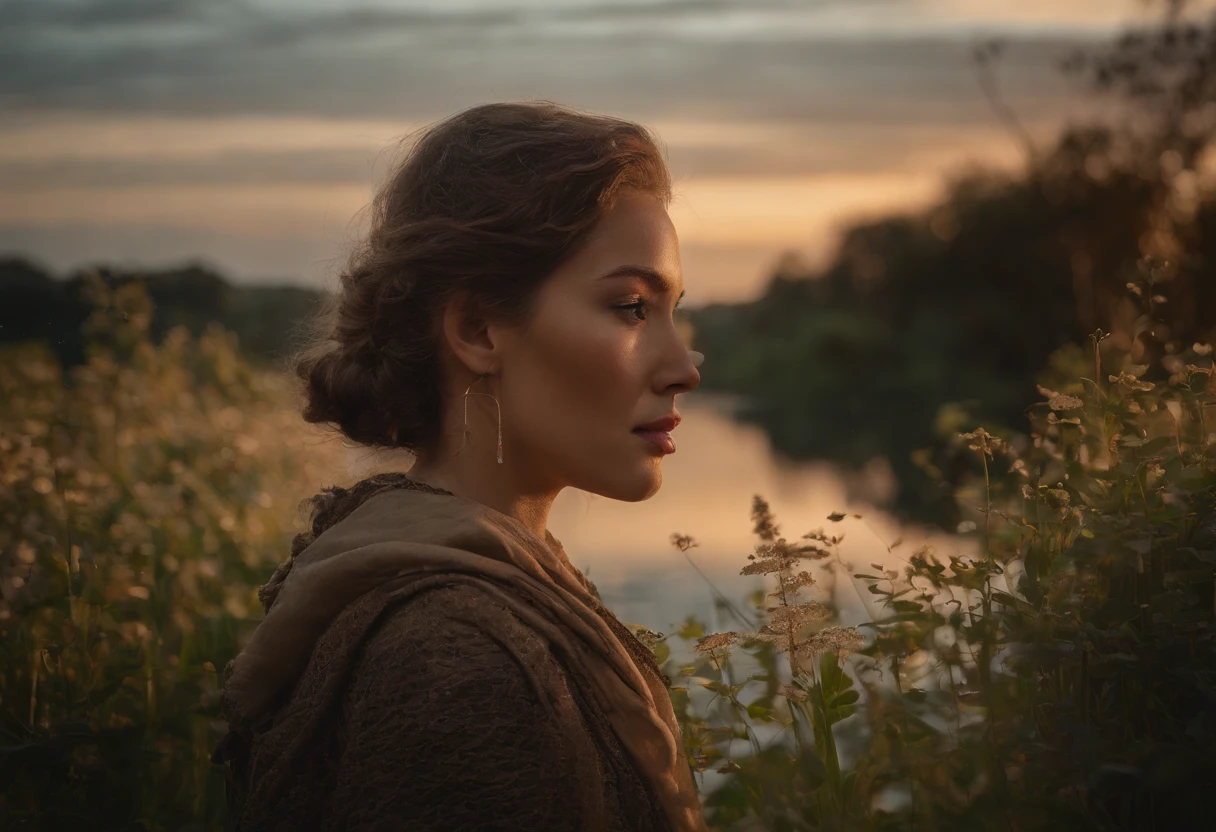 (tmasterpiece),(top-quality),(nffsw),at the sunset, Capture glittering reflections in a quiet puddle, Artistic style to embody 3D models. Amplified Ultra HD, Detail of a young woman's complex face, Light on, Convey feelings of both longing and anticipation. Her beauty was perfect, Configured in a wide-angle configuration,Asymmetric arrangement for increased vitality.