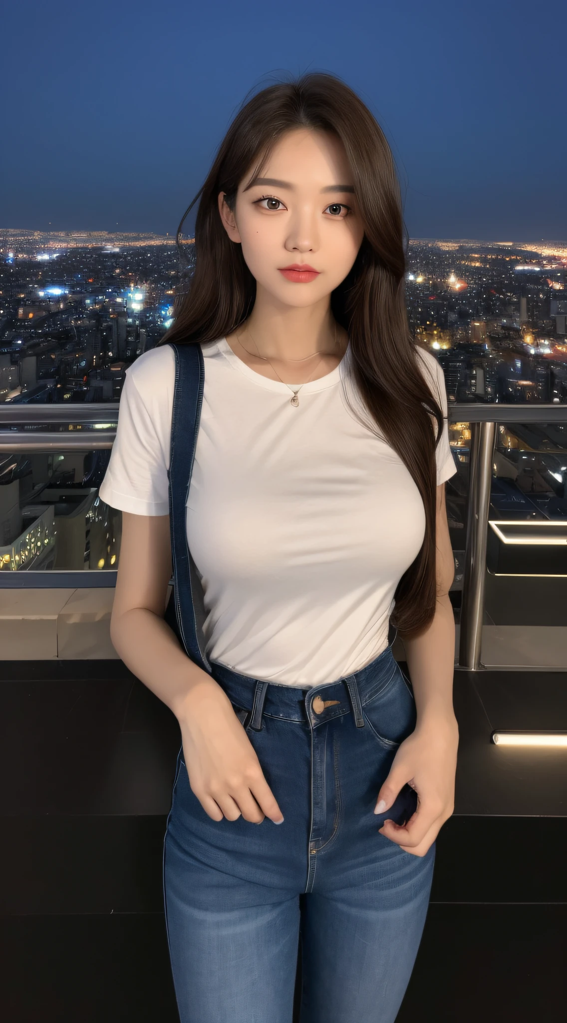 ((Midnight, Best quality, 8k, Masterpiece :1.3)), Whole body, Long legs, Sharp focus :1.2, A pretty woman with perfect figure :1.4, Slender abs :1.1, ((Dark brown hair, Big breasts :1.2)), (White tight tshirt, Jean bib, Standing:1.2), ((Night city view, Rooftop:1.3)), Highly detailed face and skin texture, Detailed eyes, Double eyelid