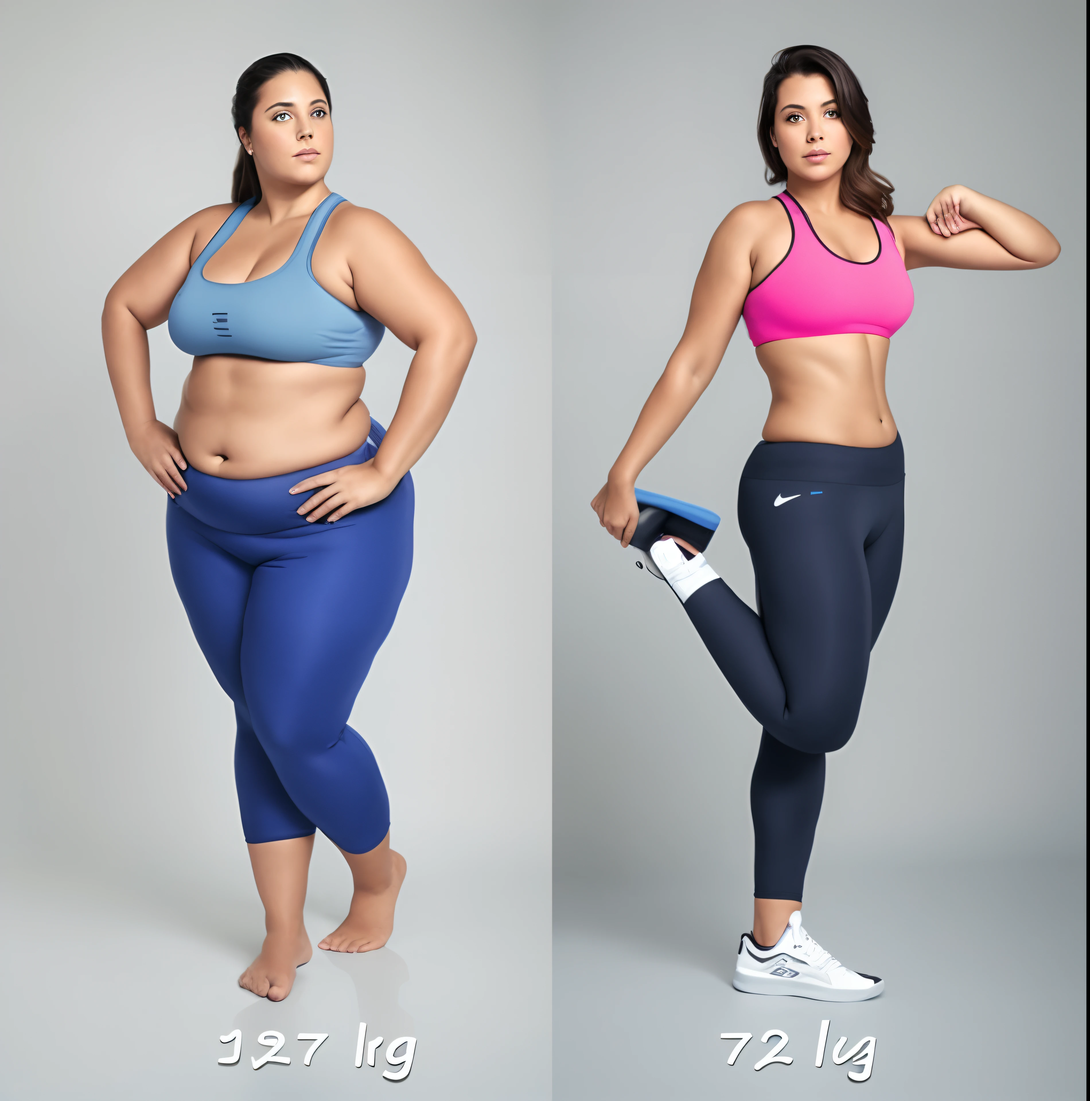 a fat woman in blue sportswear next to a thin woman in blue sports pants,   Ampulheta plana curta figura fina, half - body composition, cintura magra e quadris grossos, ampulheta figura fina, figura da ampulheta, sobrepeso, fit curvy physique, plus size, foto encaixar, mulheres de corpo inteiro, obeso ), mulher gorda, peso natural, foto de menina magra estilo modelo, encaixar