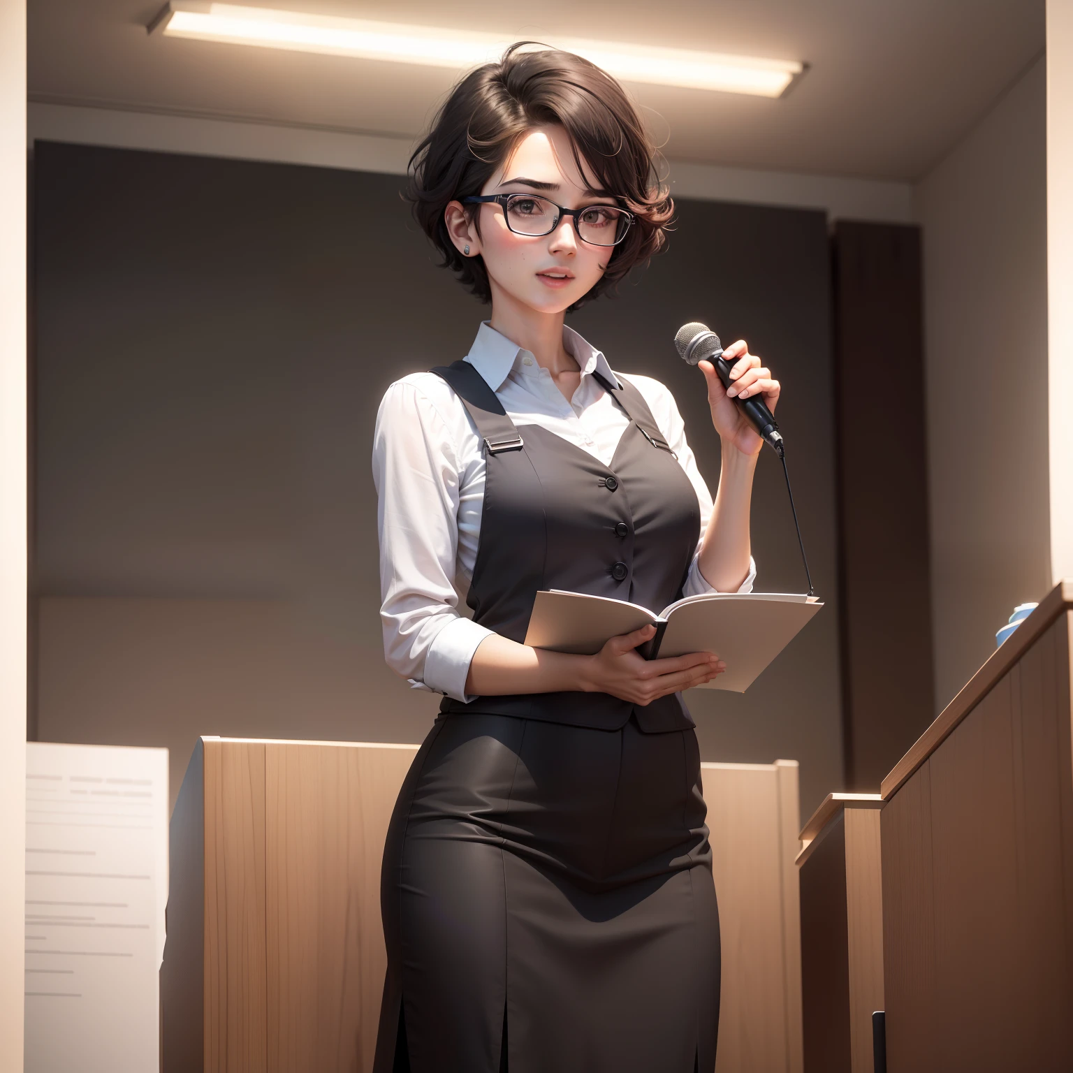 The lecturer is now on the podium,Professional image,Kind expression,frontage,Lectures are being given,short detailed hair,Pot lid hairstyle,Without glasses,Tall